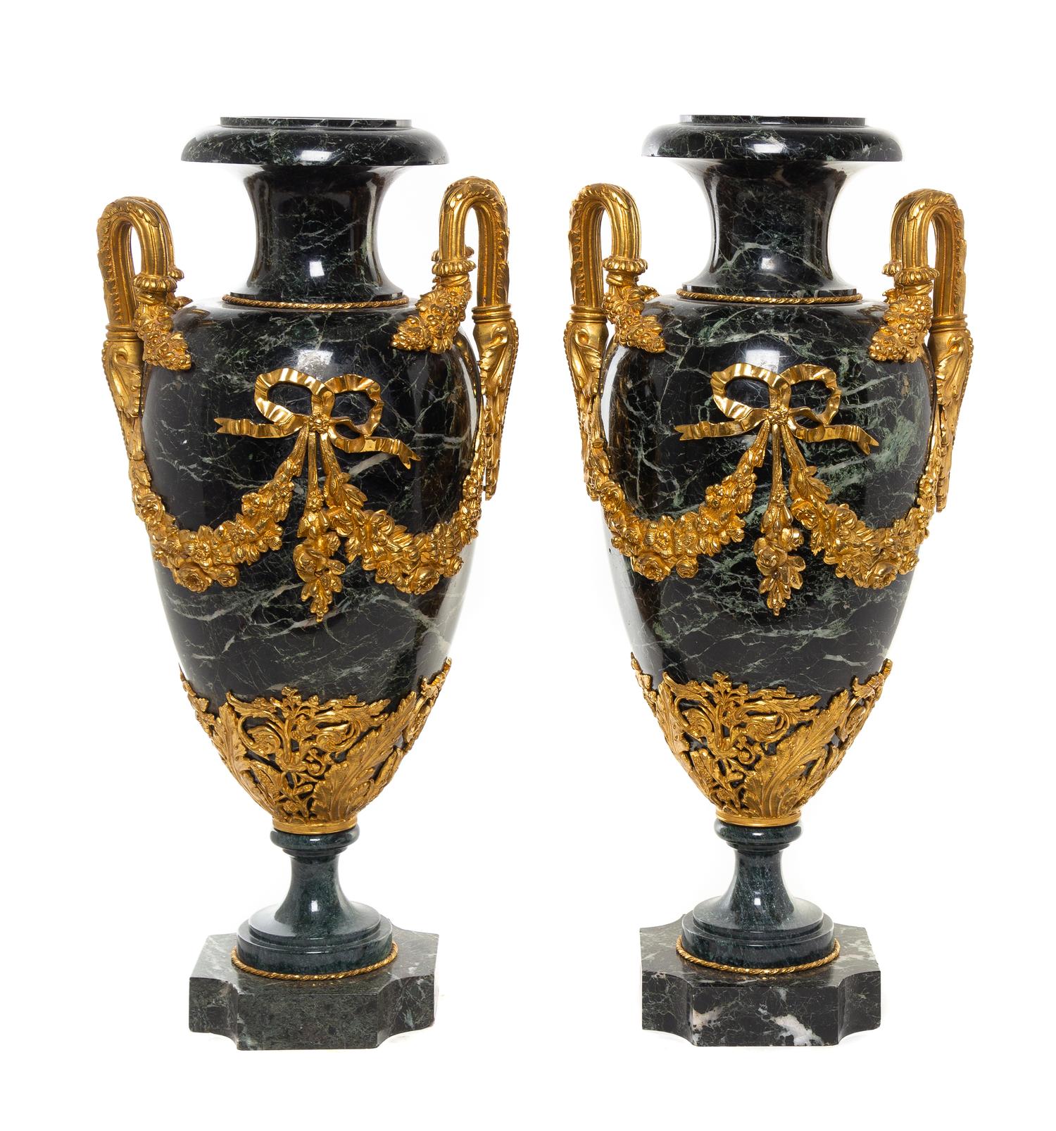 A Pair of French Gilt Bronze Mounted Marble Urns Height 25 x width 12 inches. — PARIS, CIRCA 1890