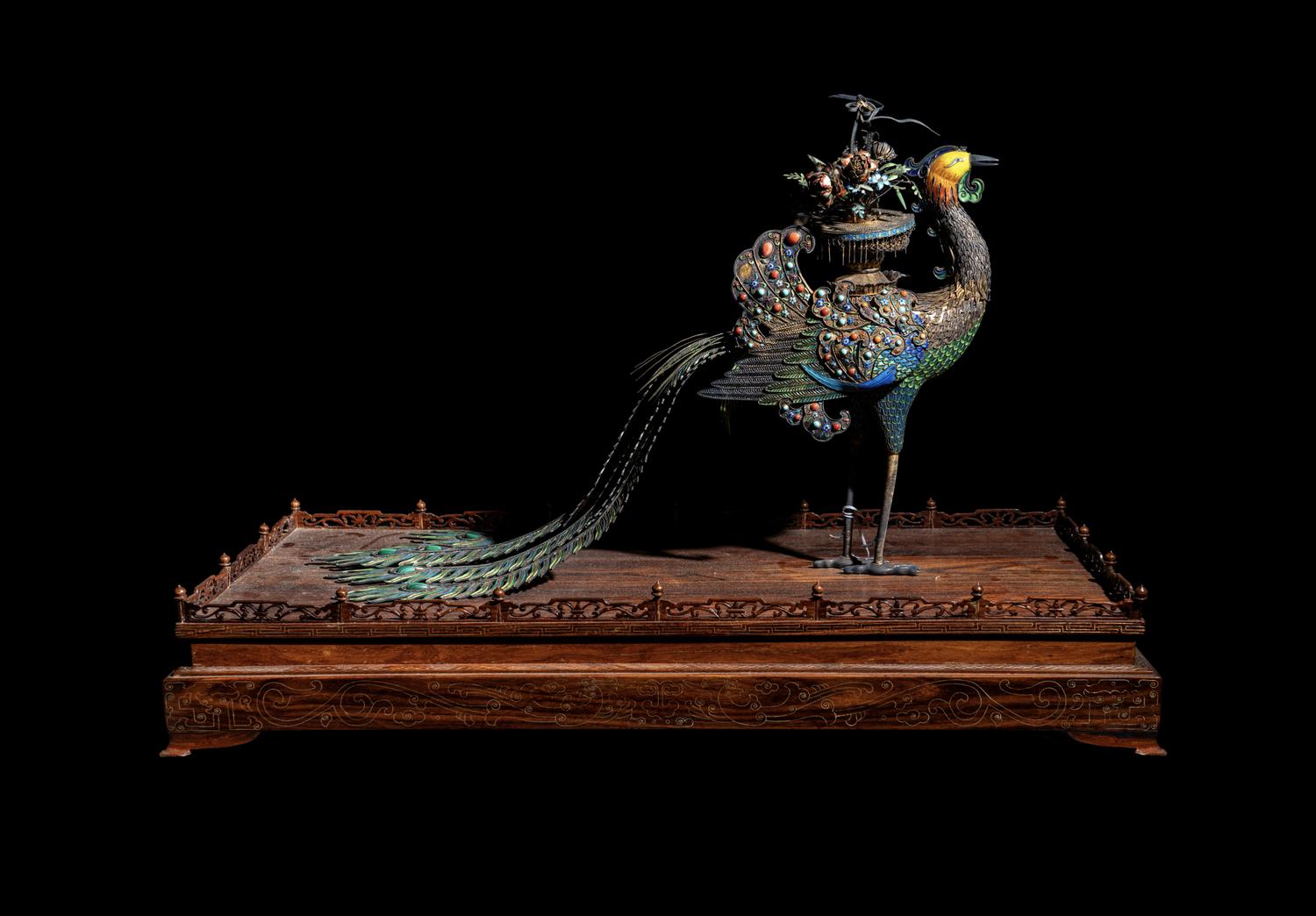 A Large Chinese Hardstone Embellished Silver Filigree Figure of a Phoenix