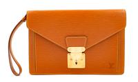 A Louis Vuitton Tan Epi Leather Sellier Dragonne Clutch, 6" H x 10.25" W x 1" D; Wristlet: 6" L.