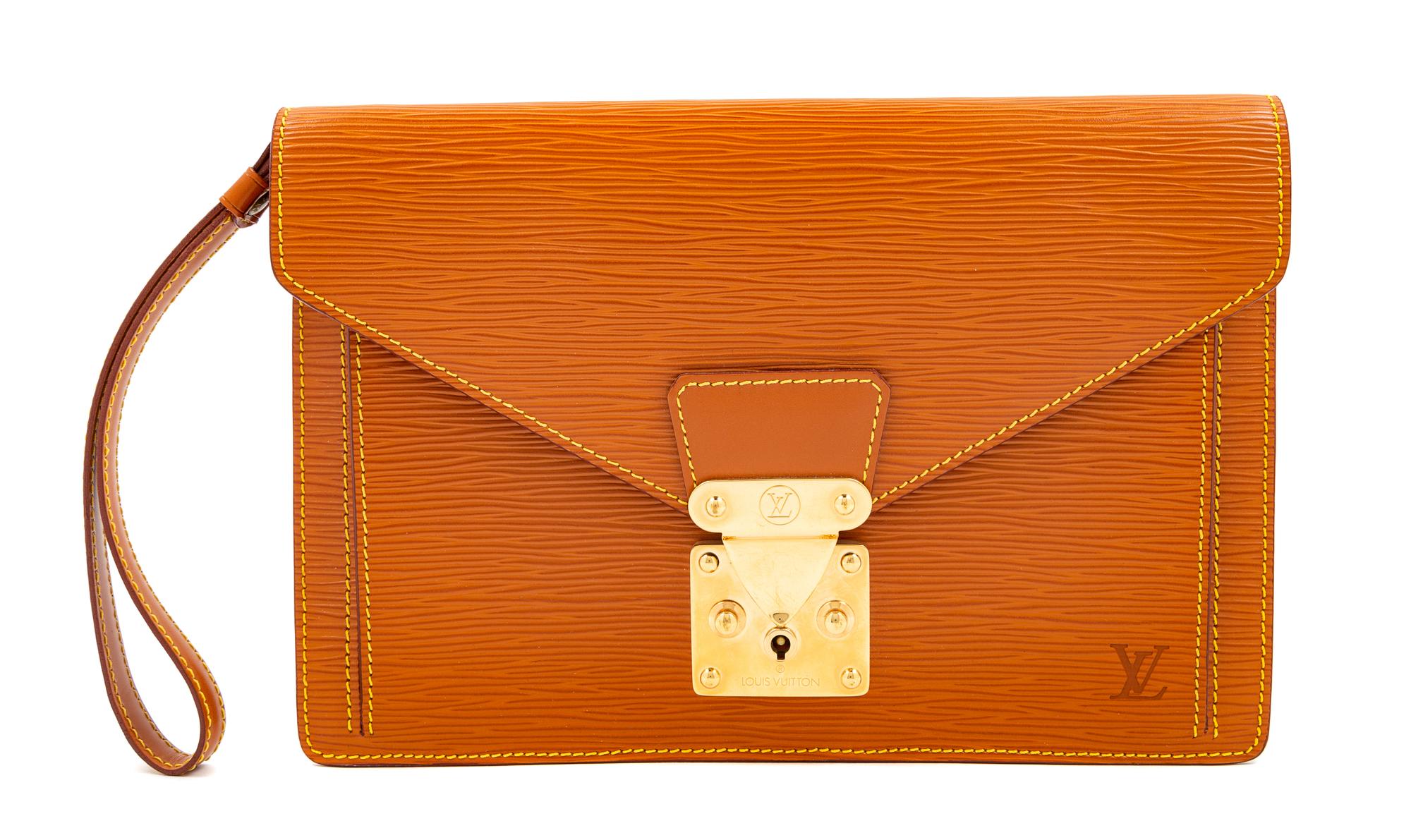 A Louis Vuitton Tan Epi Leather Sellier Dragonne Clutch, 6" H x 10.25" W x 1" D; Wristlet: 6" L.