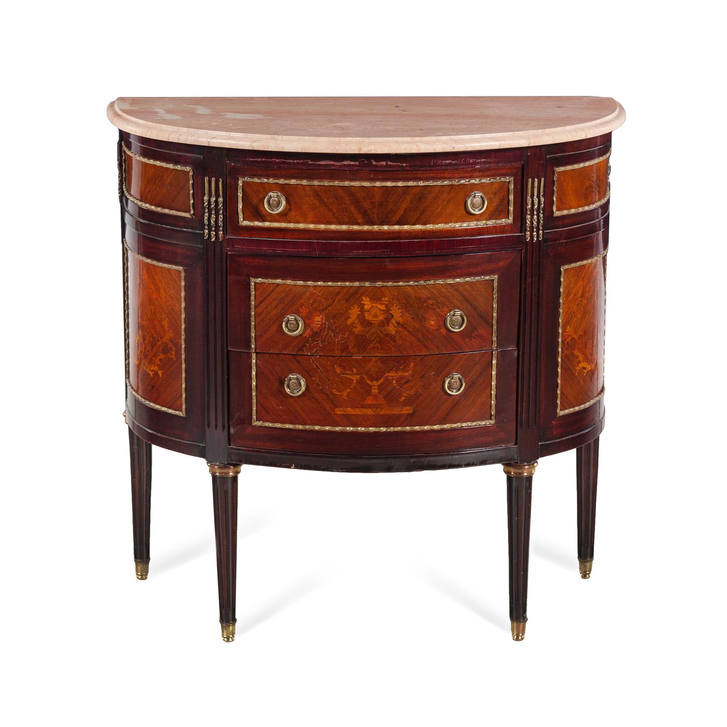 A Louis XVI Style Marquetry Marble-Top Demilune Console Cabinet