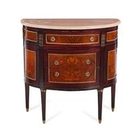 A Louis XVI Style Marquetry Marble-Top Demilune Console Cabinet