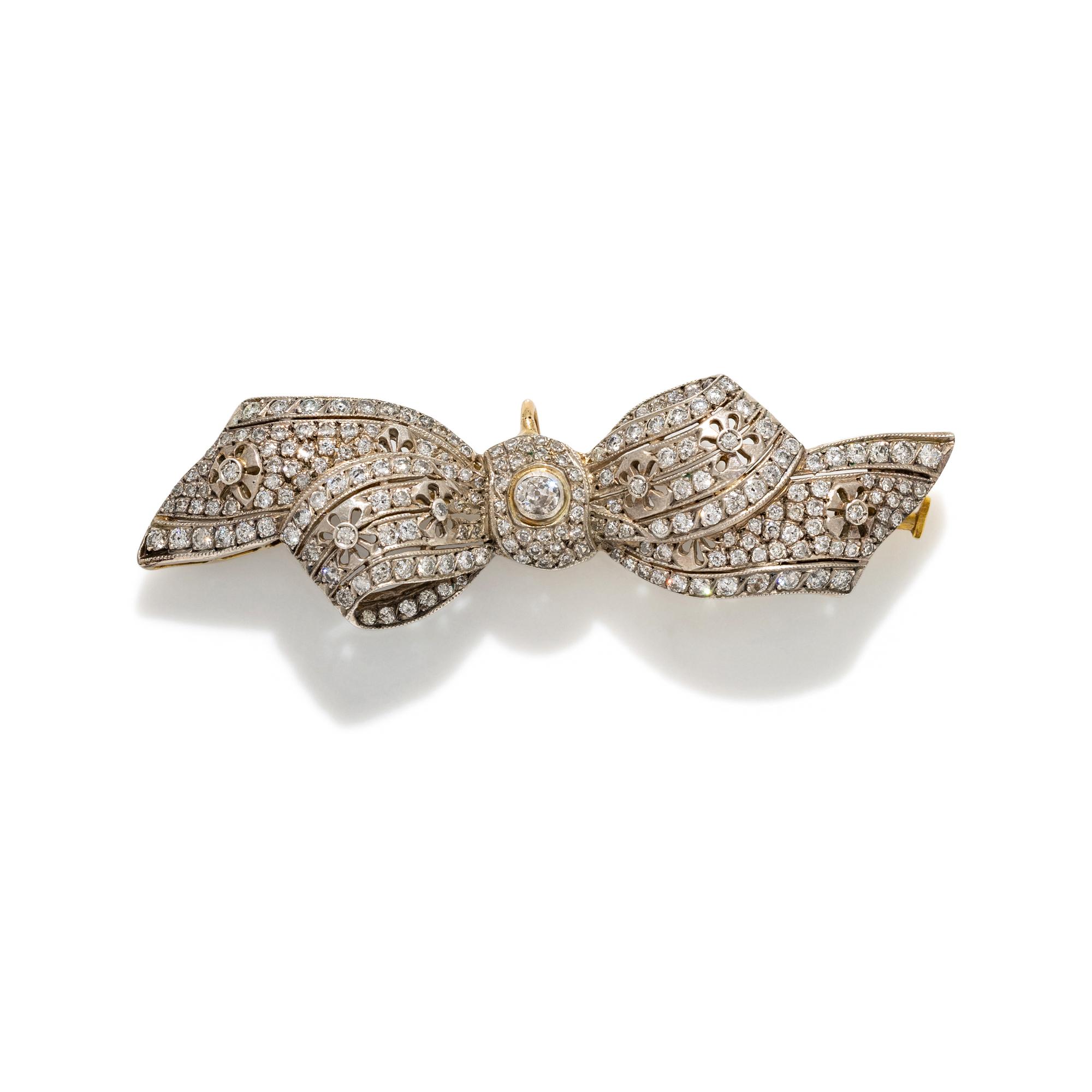 ANTIQUE, SILVER-TOPPED GOLD AND DIAMOND BOW BROOCH/PENDANT