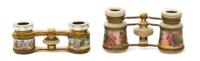 Two Pairs of French Enameled Opera Glasses, Width of first 3 3/4 inches.