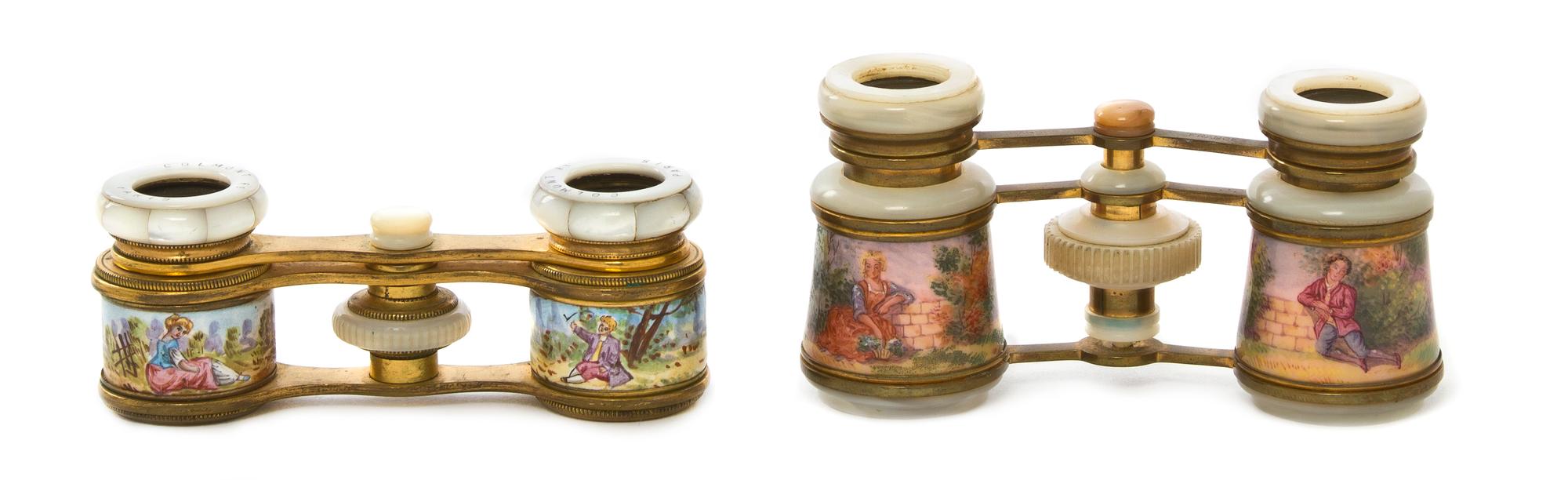 Two Pairs of French Enameled Opera Glasses, Width of first 3 3/4 inches.
