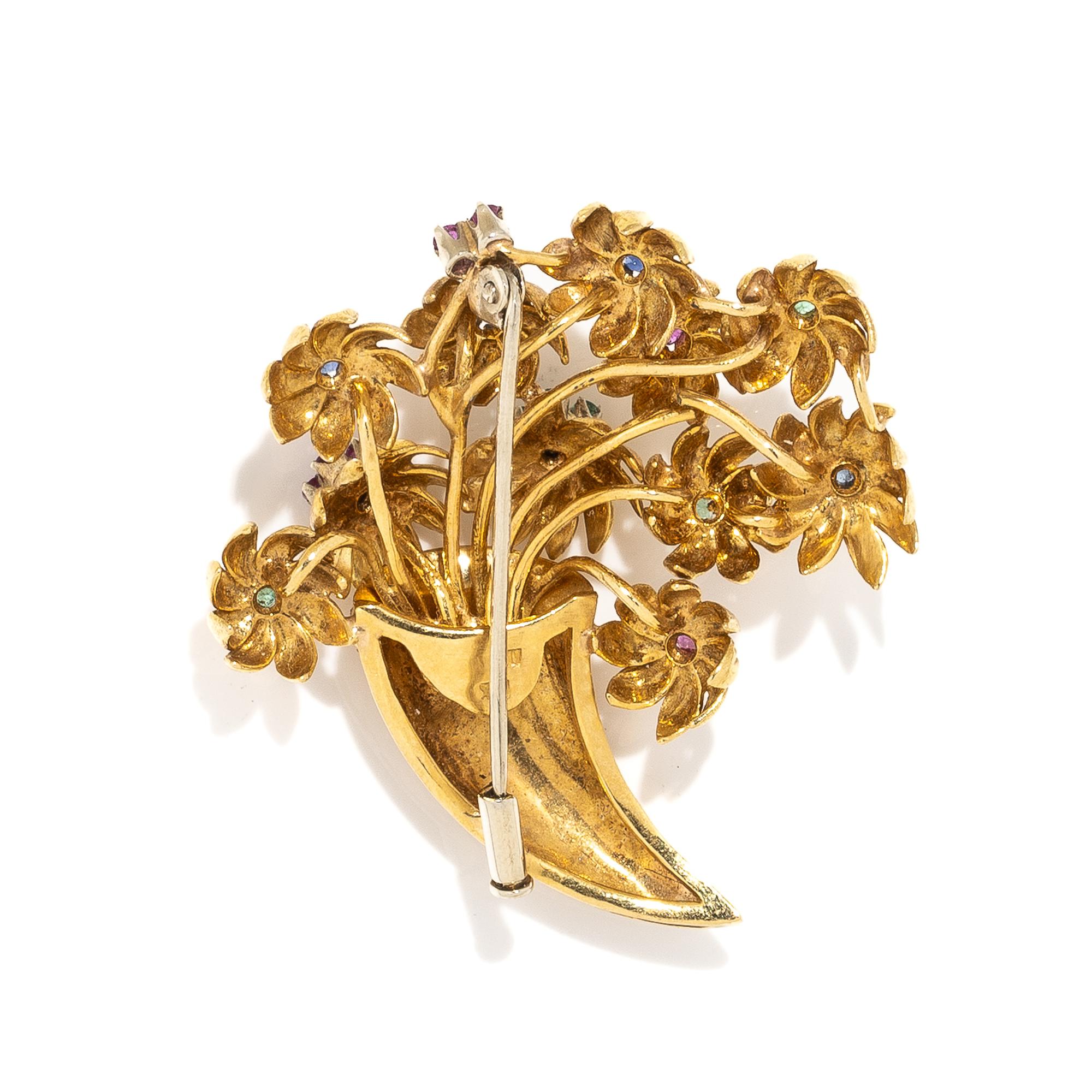 YELLOW GOLD AND MULTIGEM CORNUCOPIA BROOCH