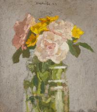 Pink Roses and Yellow Daisies in a Glass Jar on a Light Gray Background , 1997