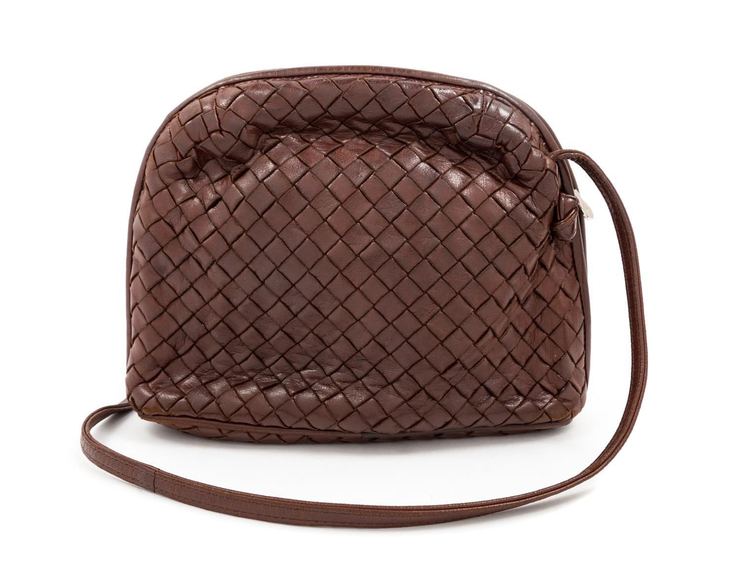 A Bottega Veneta Brown Intrecciato Small Shoulder Bag, 6" H x 8.25" W x 2" D; Strap drop: 10".