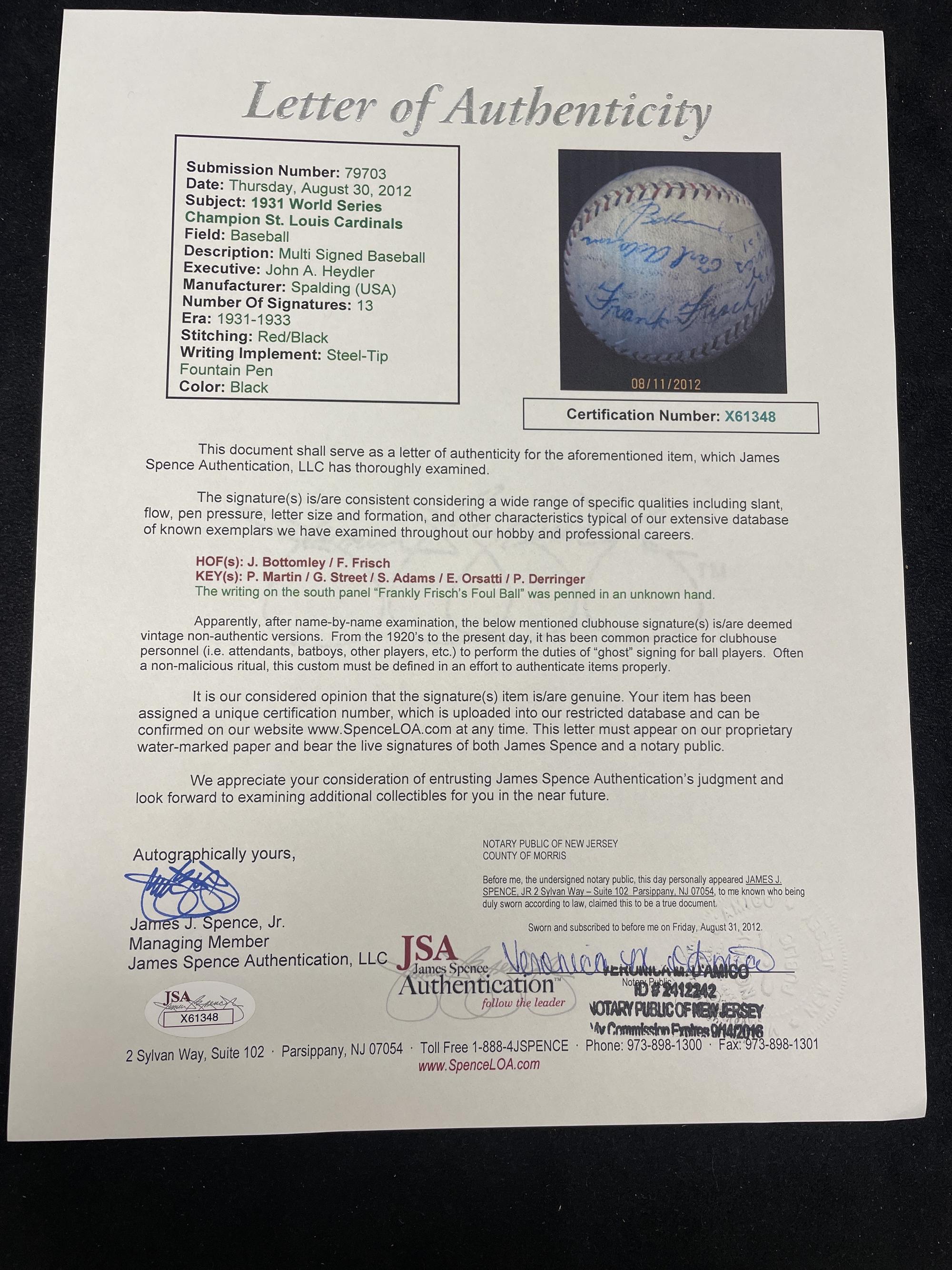 A 1930s World Champion Era St. Louis Cardinals Team Signed Autograph Baseball (PSA and JSA Letters of Authenticity),