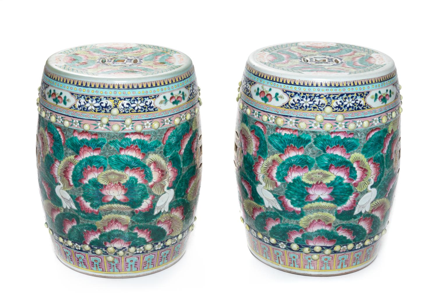 A Pair of Chinese Famille Rose Porcelain Garden Stools Height 18 inches. — 20TH CENTURY