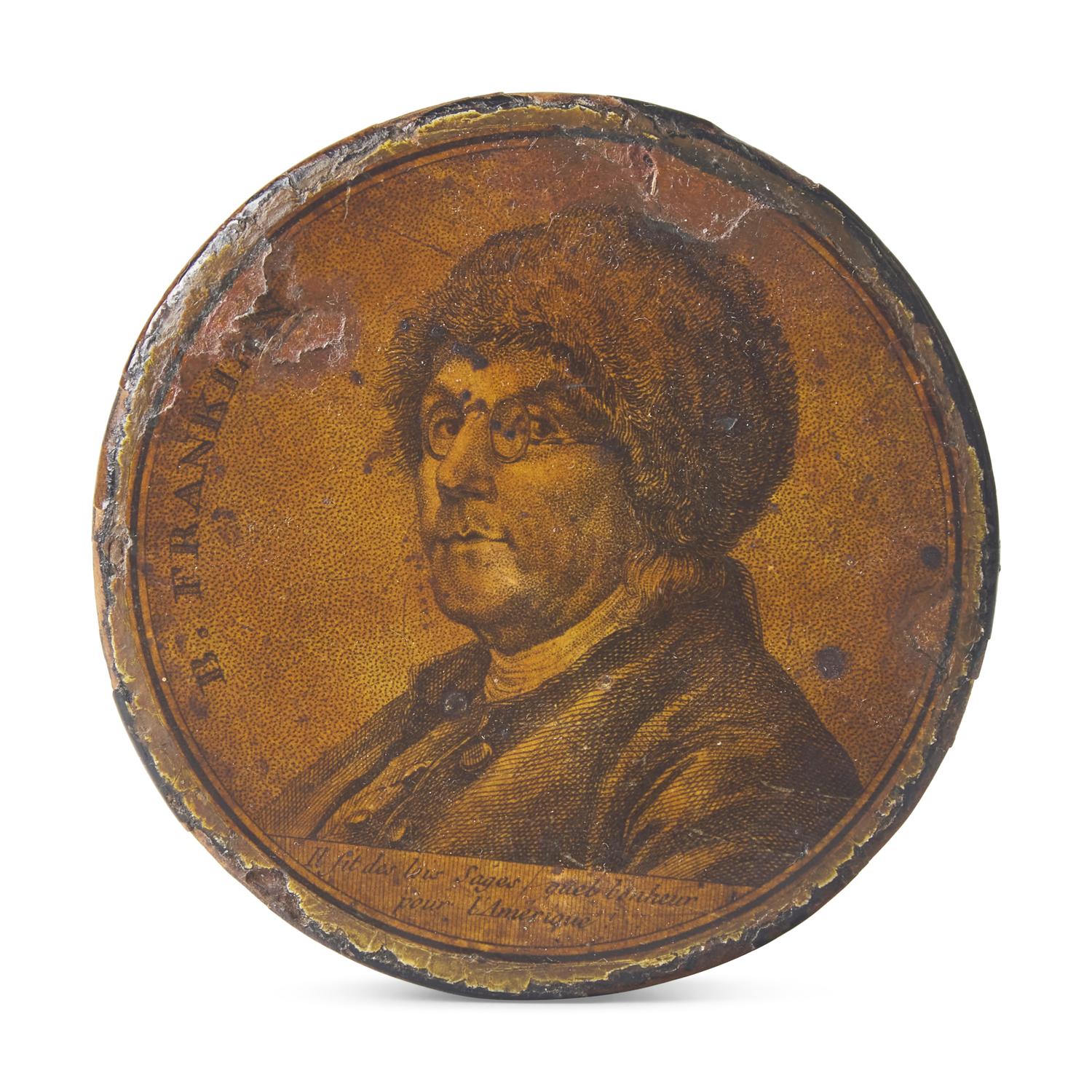 A Papier Mache Snuff Box Depicting Benjamin Franklin