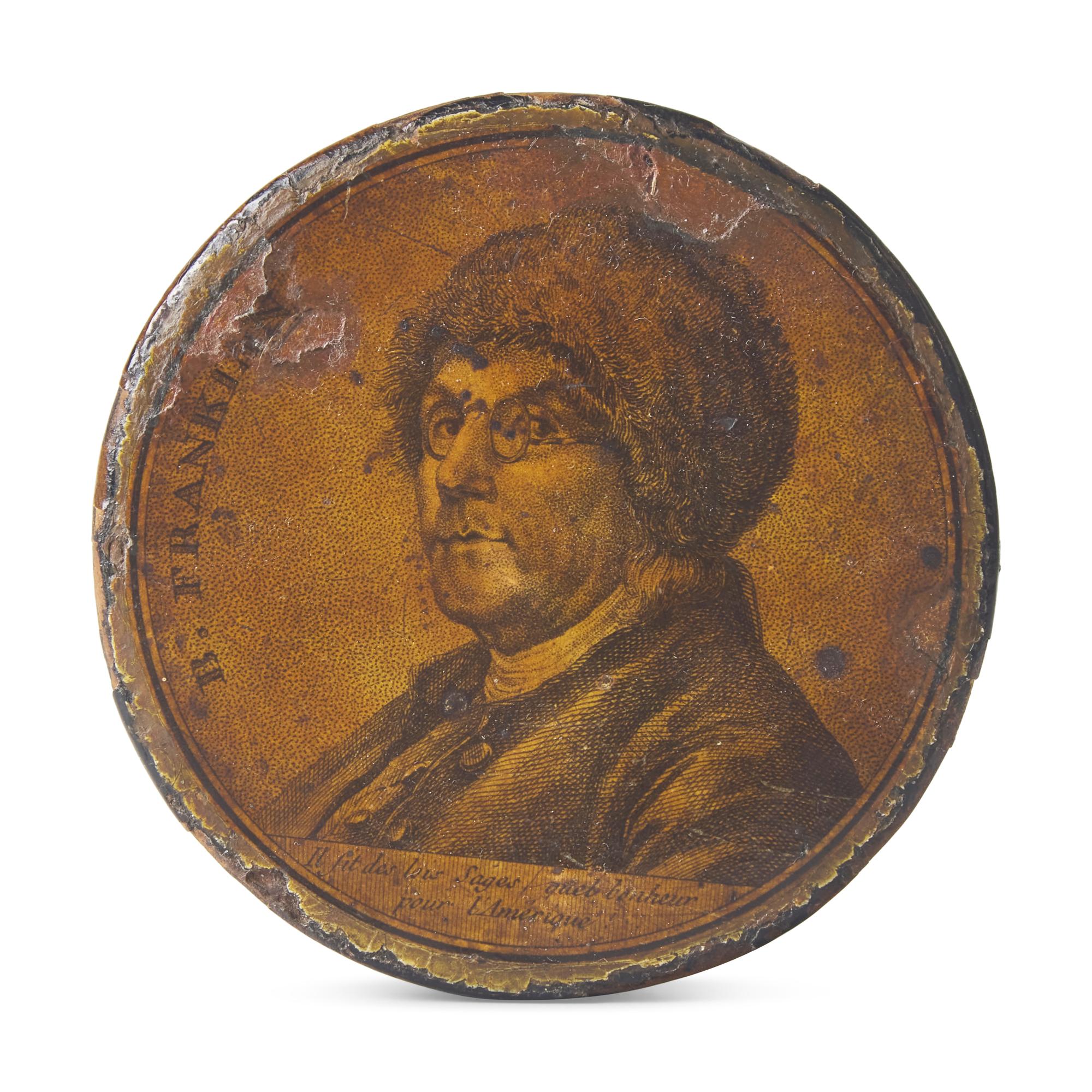 A Papier Mache Snuff Box Depicting Benjamin Franklin