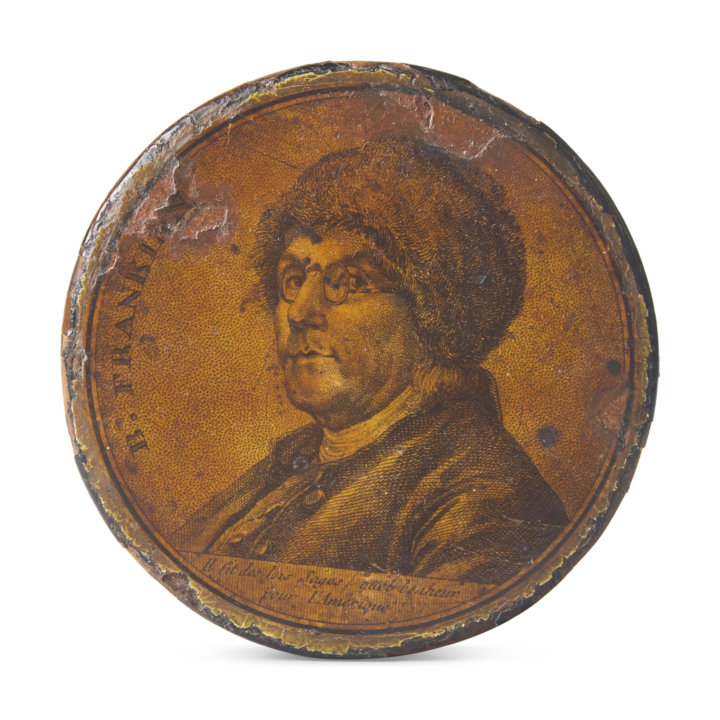 A Papier Mache Snuff Box Depicting Benjamin Franklin