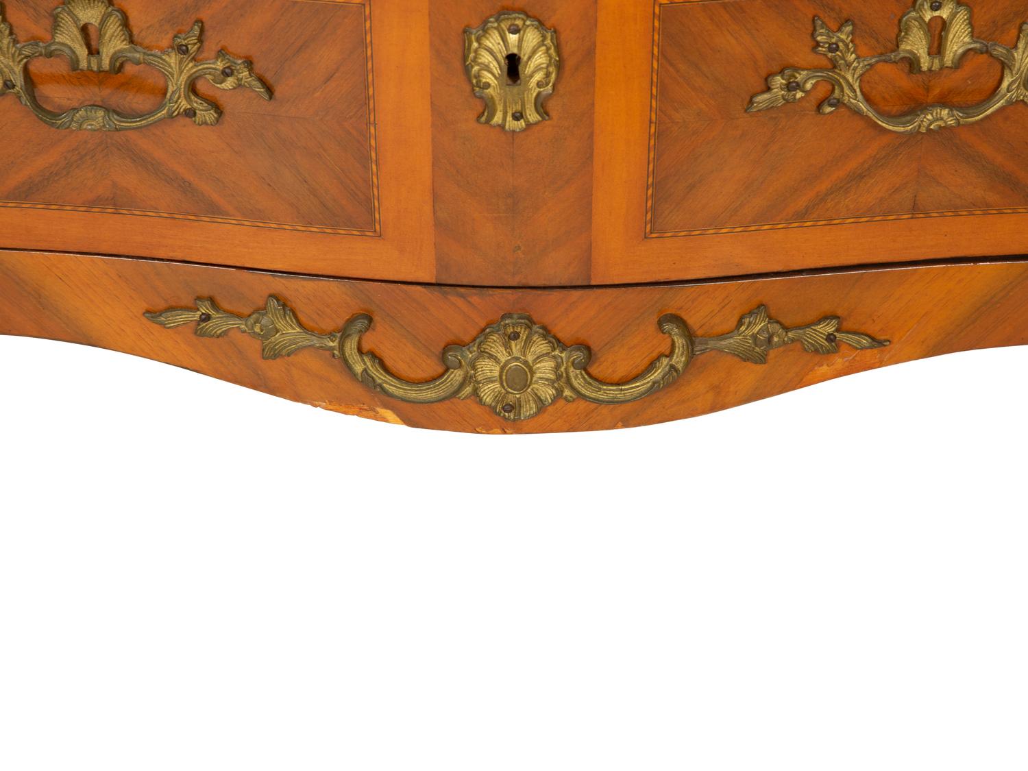 A Pair of Louis XV Style Gilt Metal Mounted Bookmatch Veneered Marble-Top Commodes