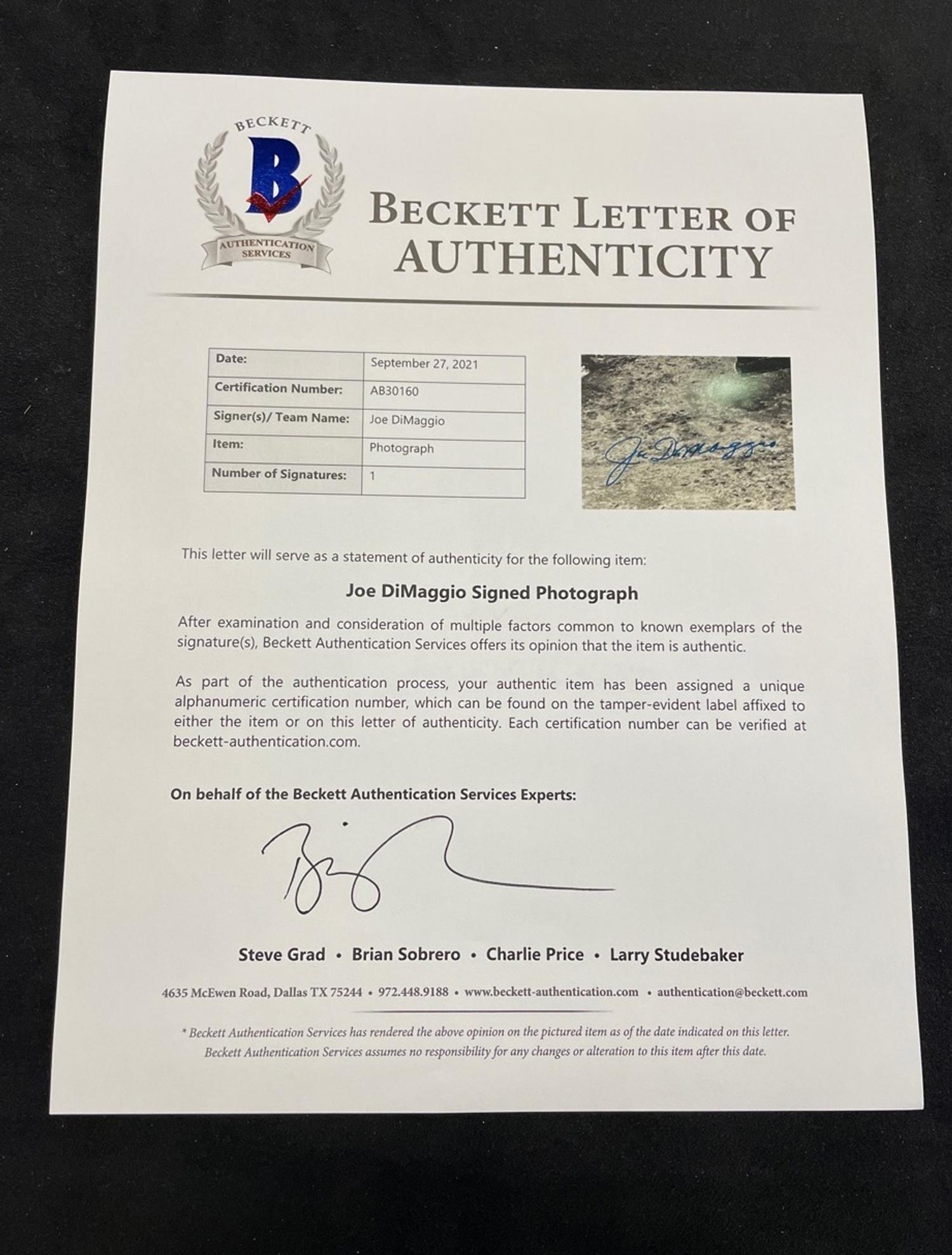 A Joe DiMaggio Signed Autograph Large Format Photograph (Beckett Authentication Services BAS Certified),