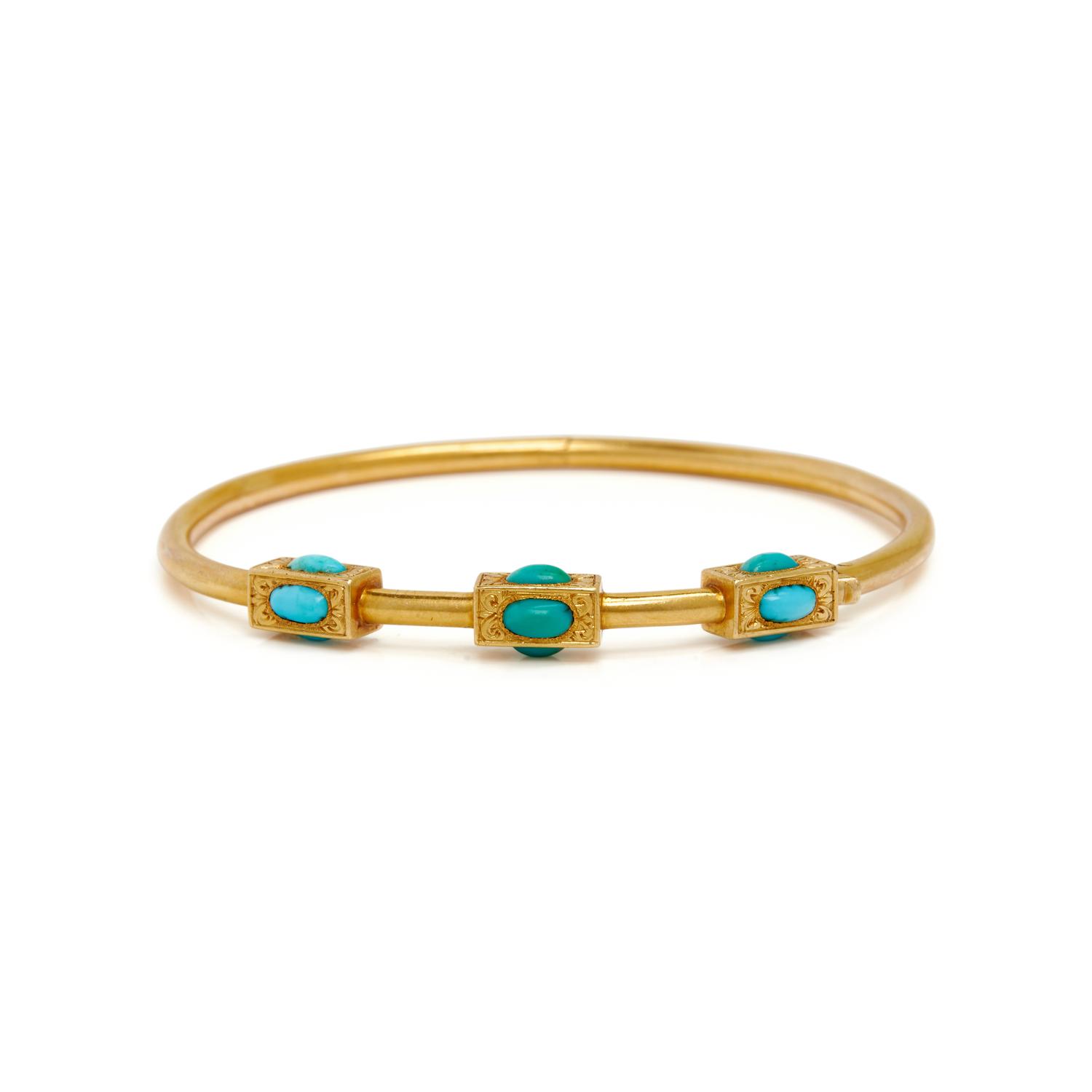 VICTORIAN, PAIR OF YELLOW GOLD AND TURQUOISE BANGLE BRACELETS