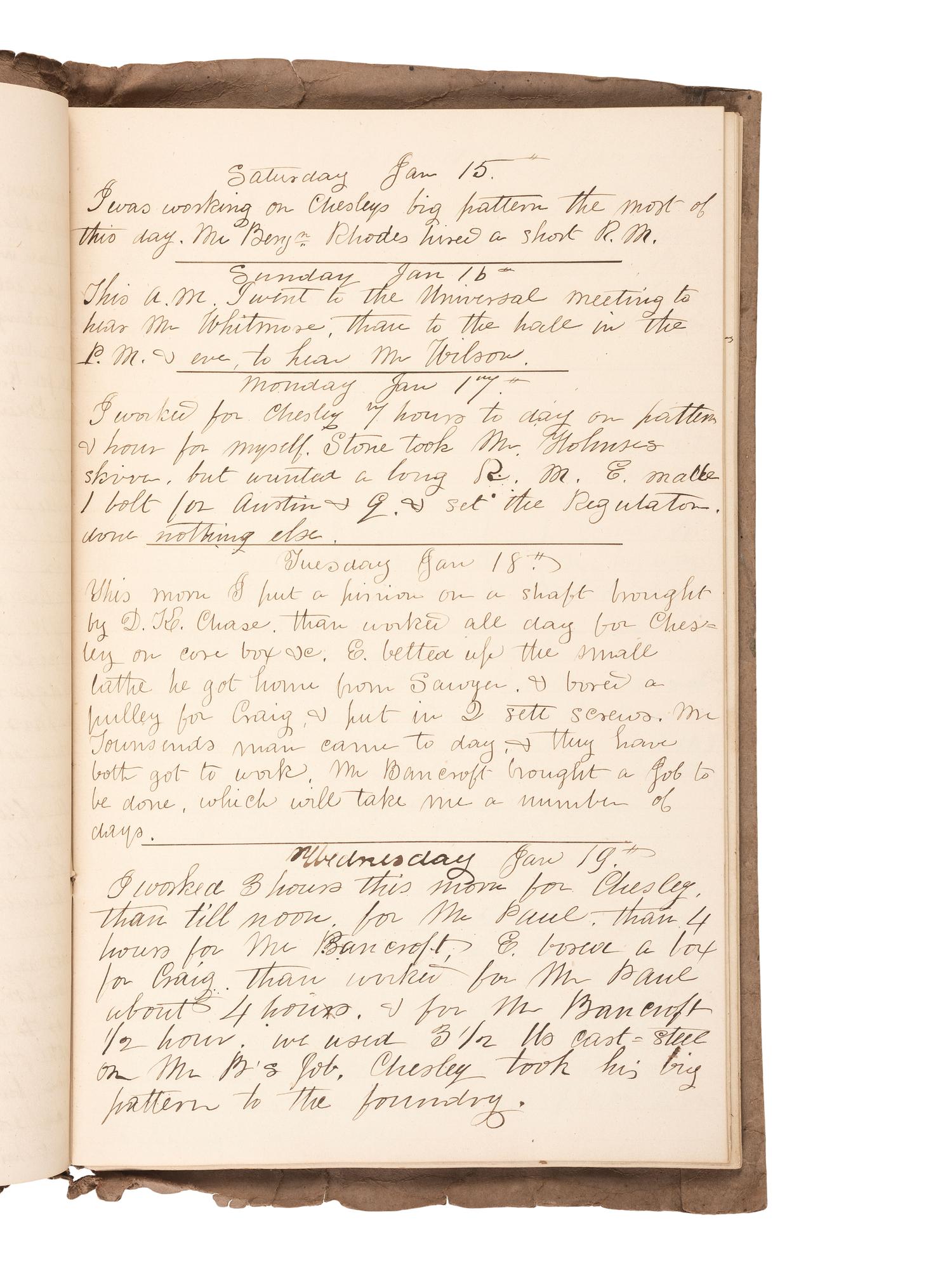 America in Manuscript Diaries of machinist Nathaniel S. Raymond (1811-1860), containing detailed descriptions of skilled labor and ongoing business transactions. Lynn, Essex County, Massachusetts, 1855 and 1859.
