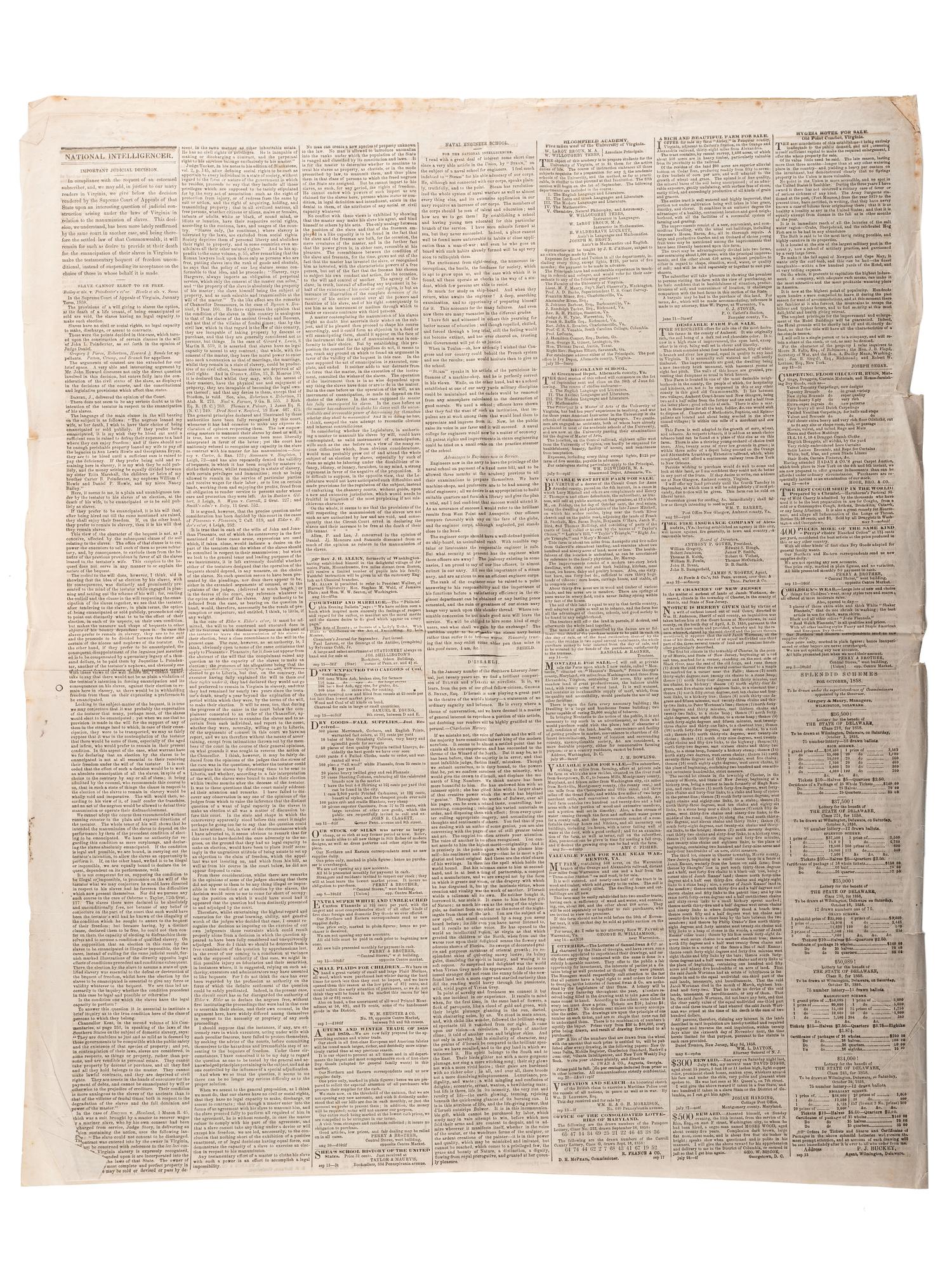 [SLAVERY & ABOLITION]. Advertisements for the return of freedom seekers published in 7 issues of The National Intelligencer . Washington, DC: 1831-1858.