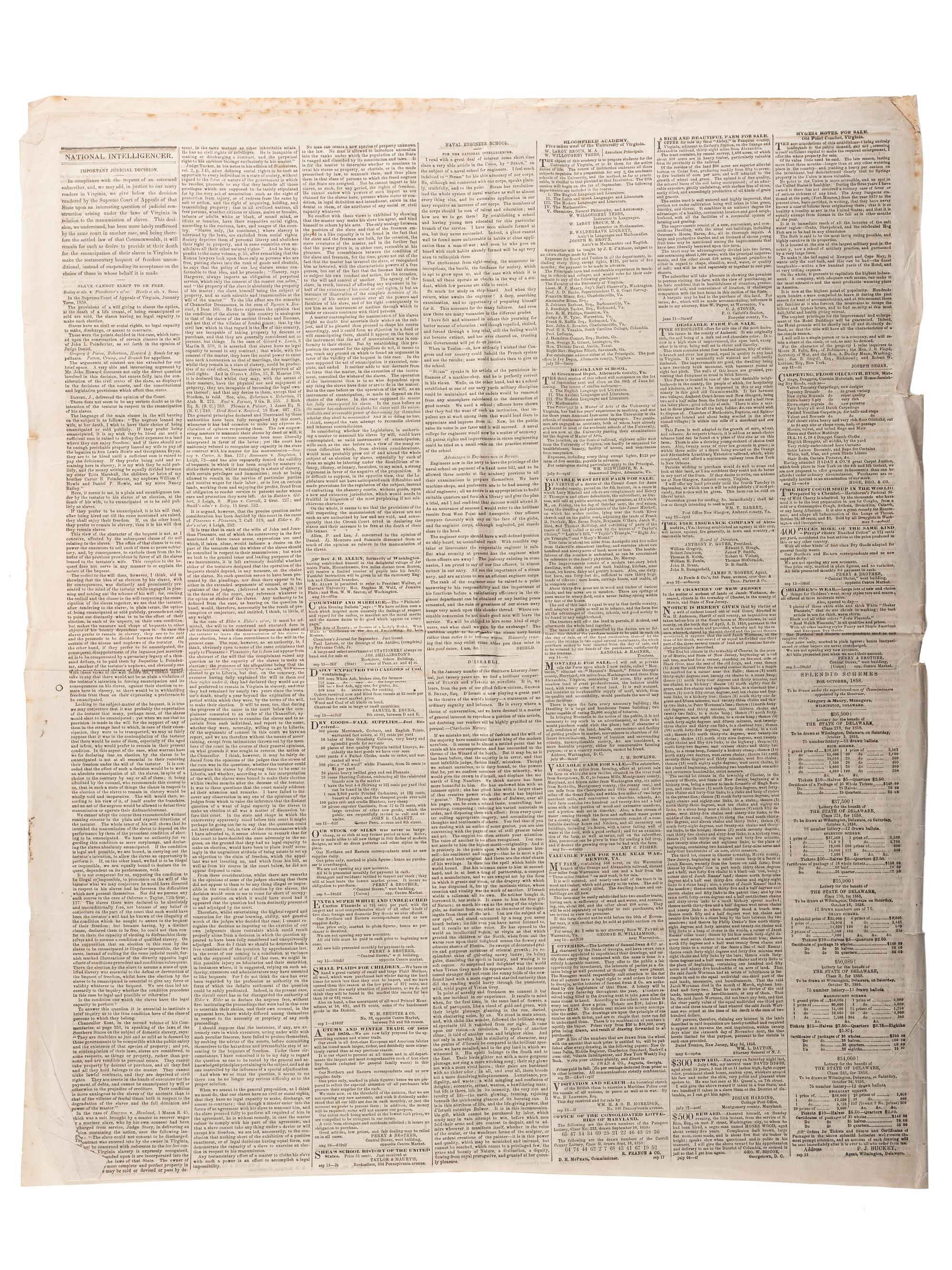[SLAVERY & ABOLITION]. Advertisements for the return of freedom seekers published in 7 issues of The National Intelligencer . Washington, DC: 1831-1858.