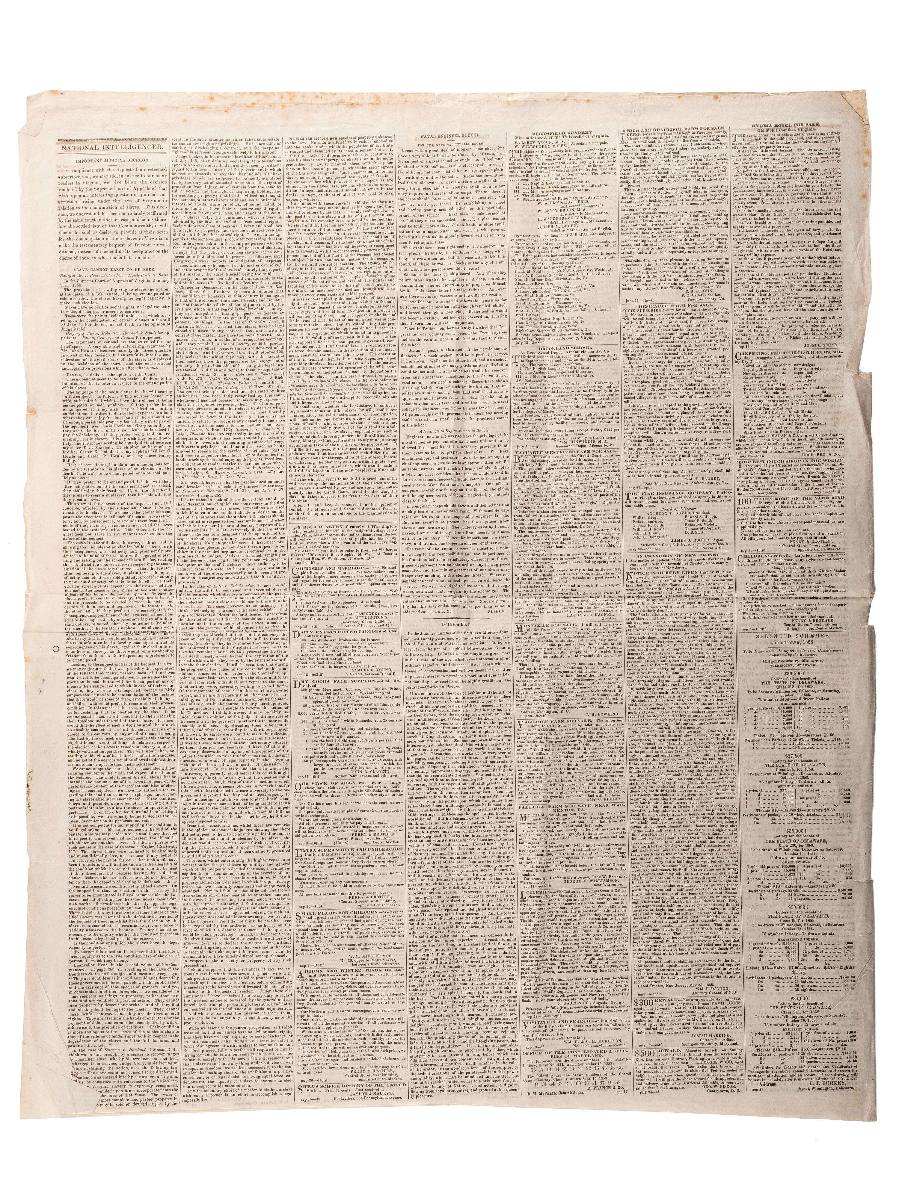 [SLAVERY & ABOLITION]. Advertisements for the return of freedom seekers published in 7 issues of The National Intelligencer . Washington, DC: 1831-1858.