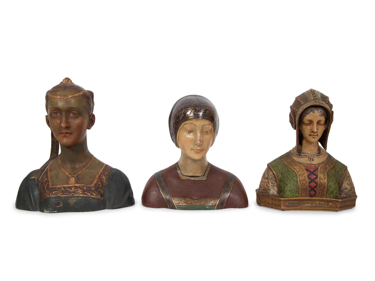 Three Italian Painted and Parcel Gilt Terracotta Busts of Renaissance Women