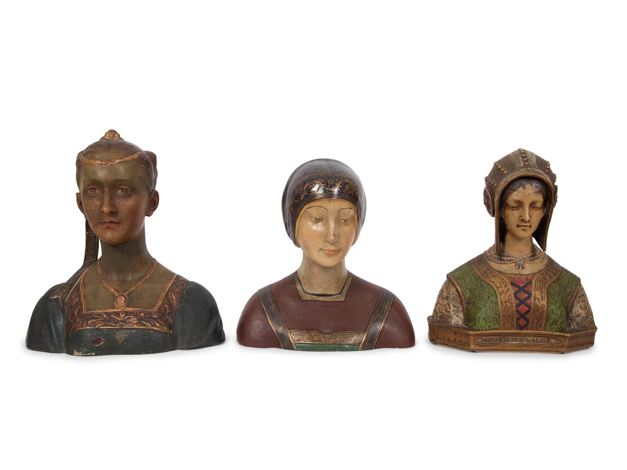 Three Italian Painted and Parcel Gilt Terracotta Busts of Renaissance Women