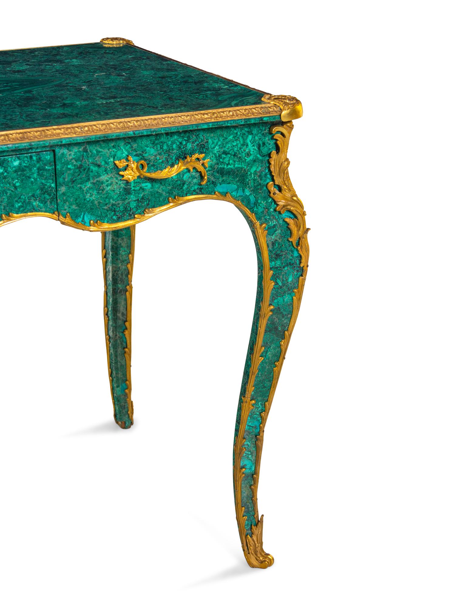 A Louis XV Style Gilt Bronze Mounted Malachite Veneered Bureau Plat