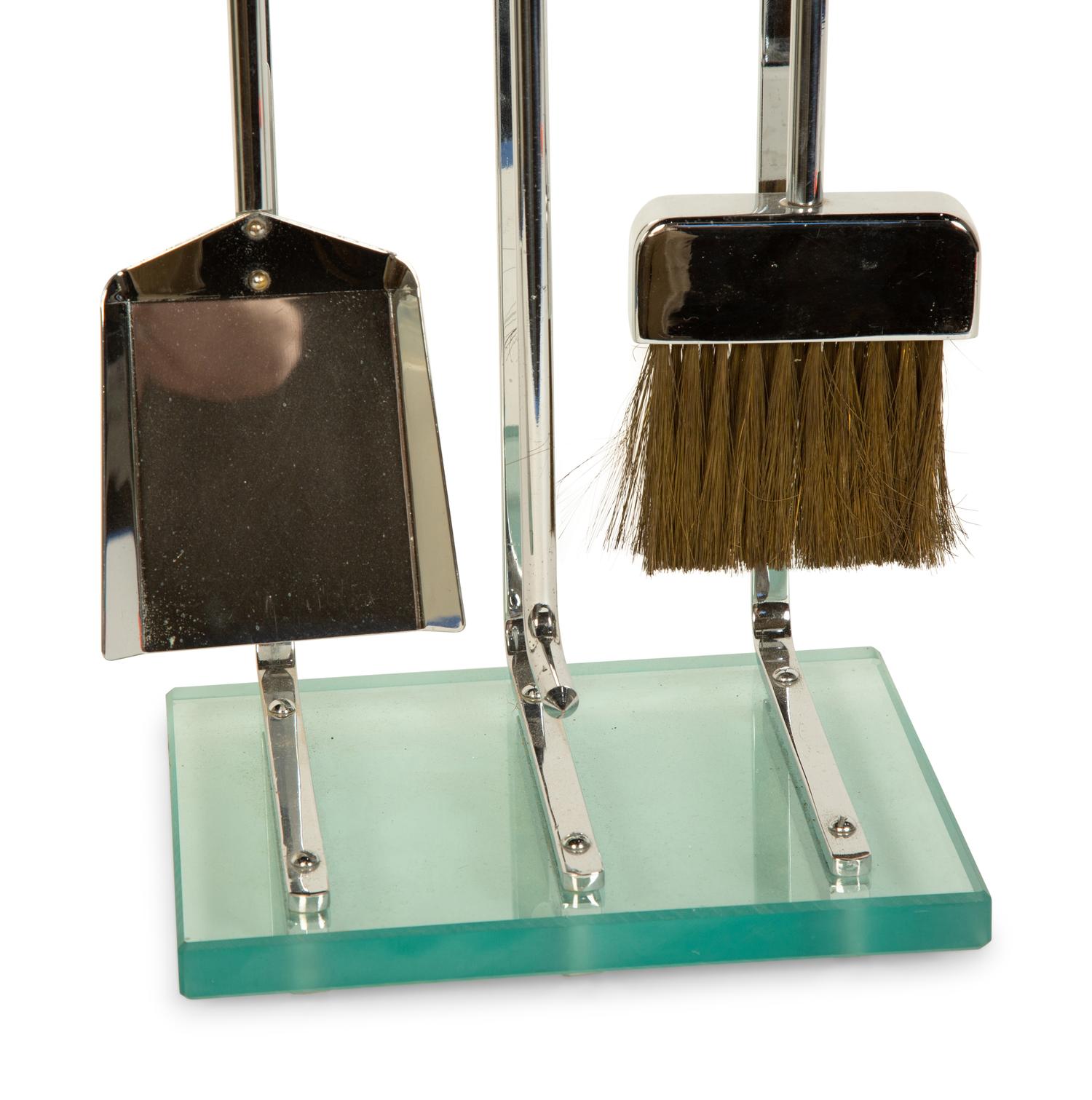 A Set of Modernist Chromed Fireplace Tools on Stand
