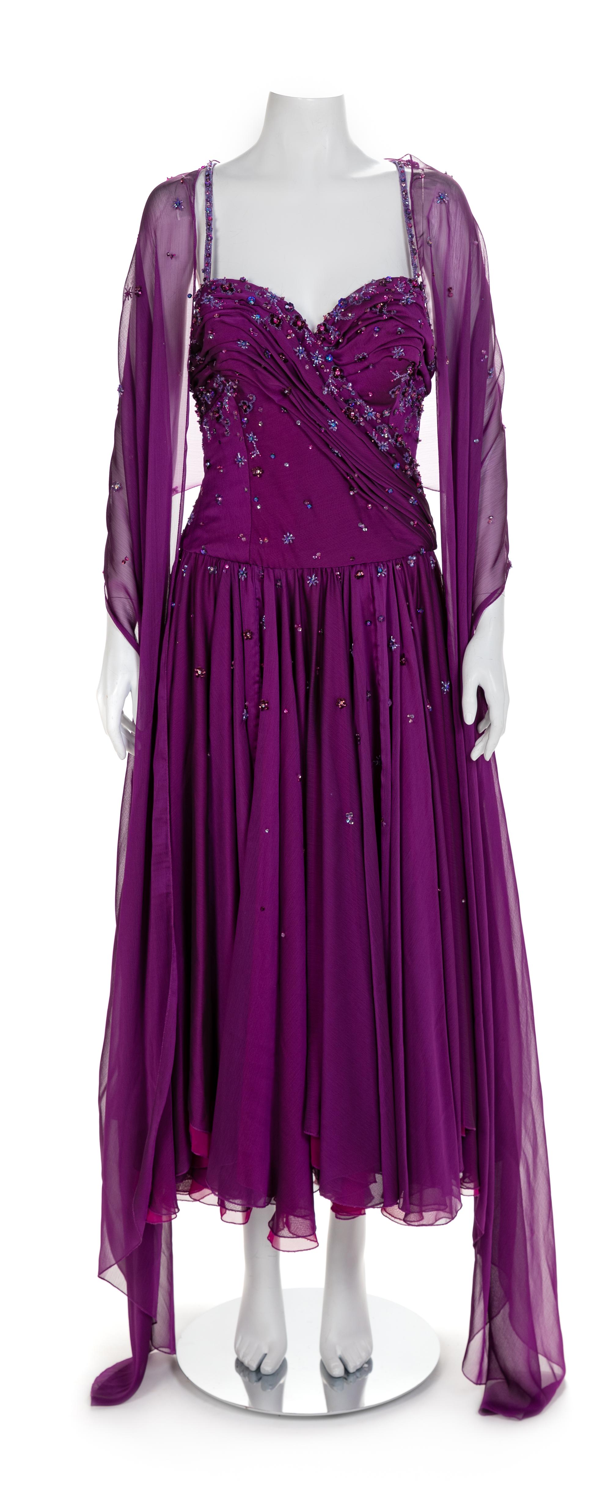 Two Draped and Beaded Chiffon Dresses, 1980-90s