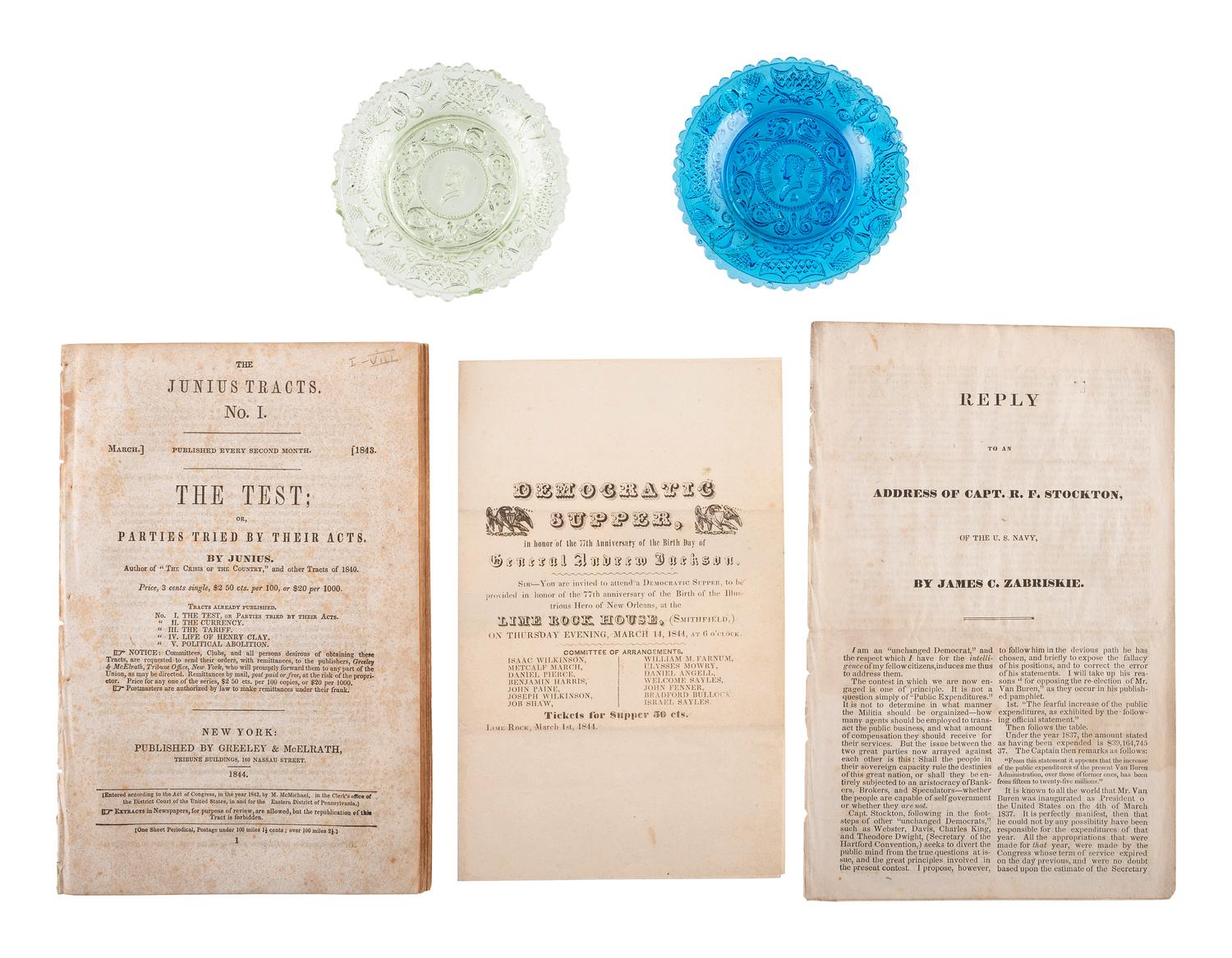 [POLITICS IN AMERICA]. A group of pamphlets, glass plates, and other ephemera related to Andrew Jackson, Henry Clay, and American politics of the 1840s, comprising: