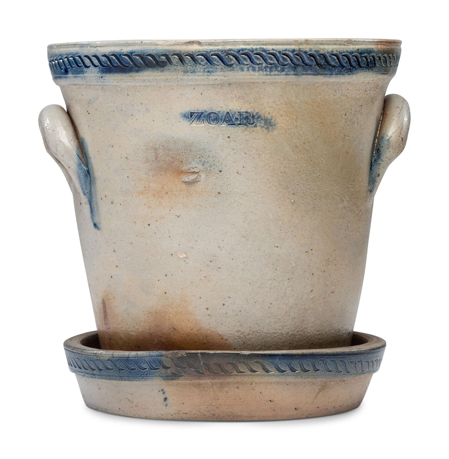 A Rare Zoar Cobalt Decorated and Incised Stoneware Flowerpot