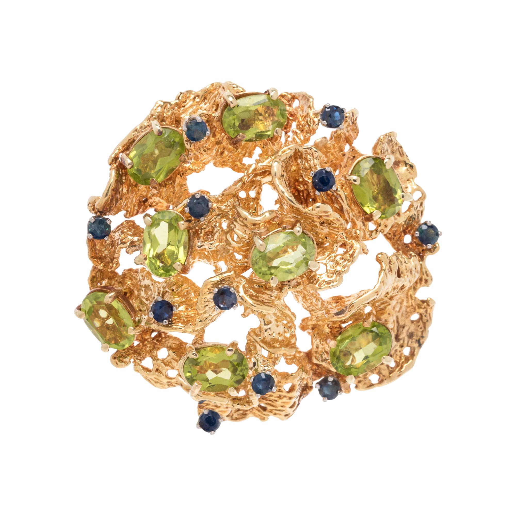 YELLOW GOLD, PERIDOT AND SAPPHIRE BROOCH