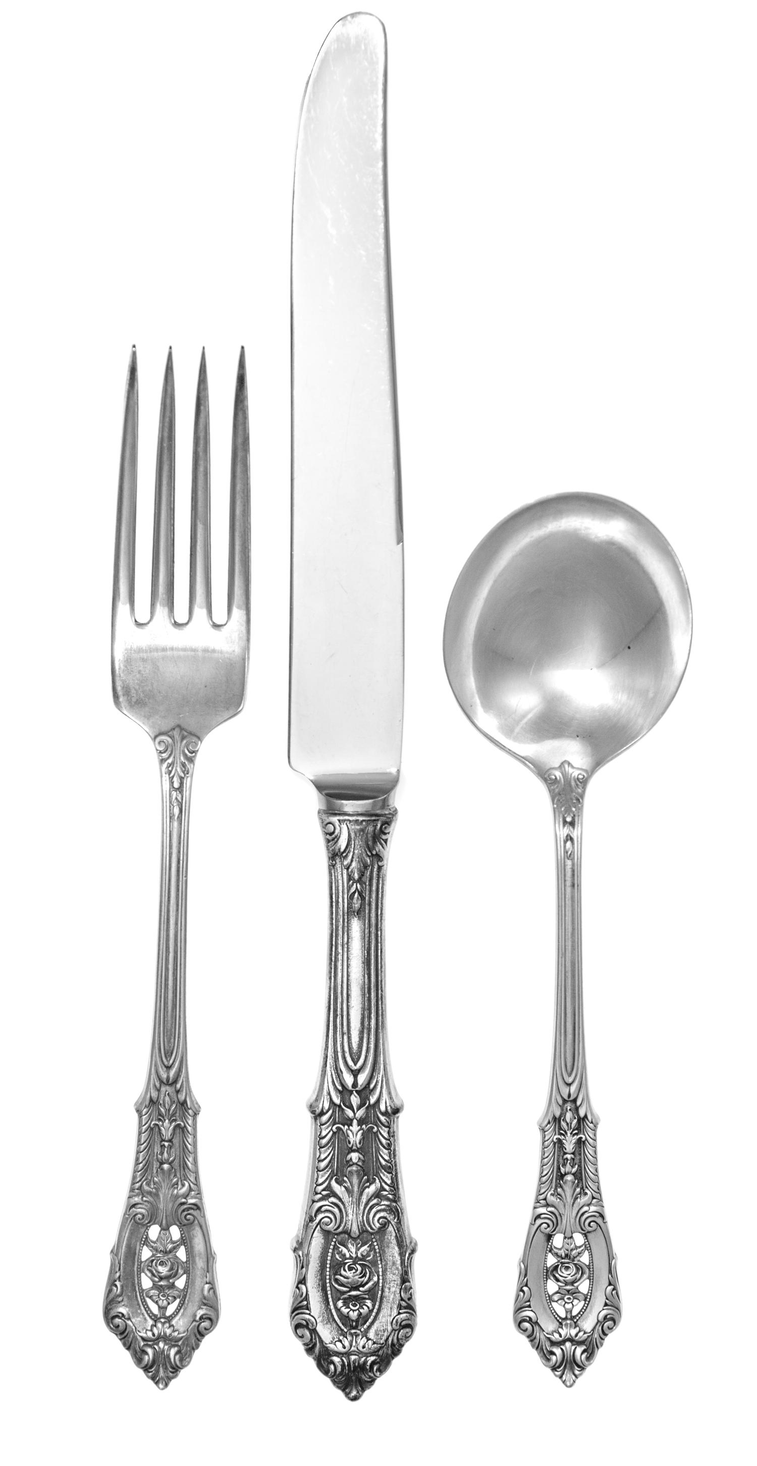 An American Silver Flatware Service , Wallace Sterling, Wallingford, MA , Rose Point pattern, comprising: 12 dinner knives 12 butter sp