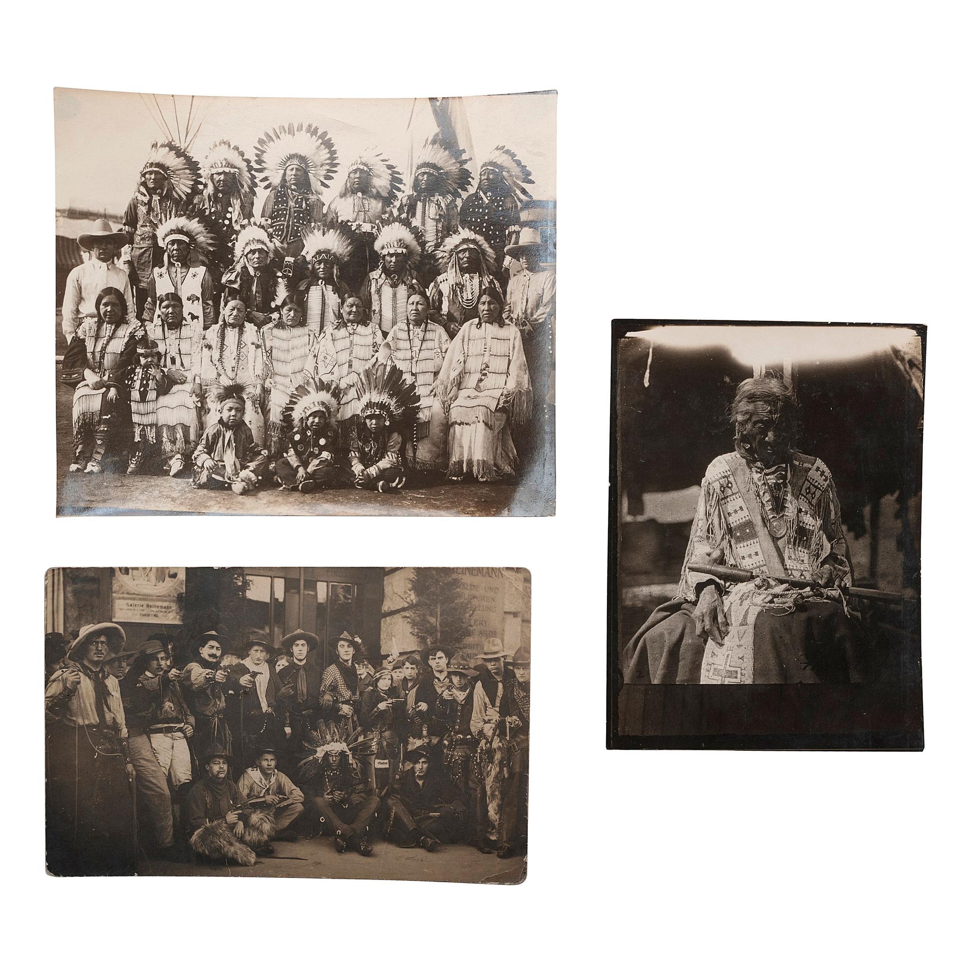 [WILD WEST SHOWS]. A group of 7 photographs and 2 real photo postcards of Buffalo Bill Cody from an album, comprising: