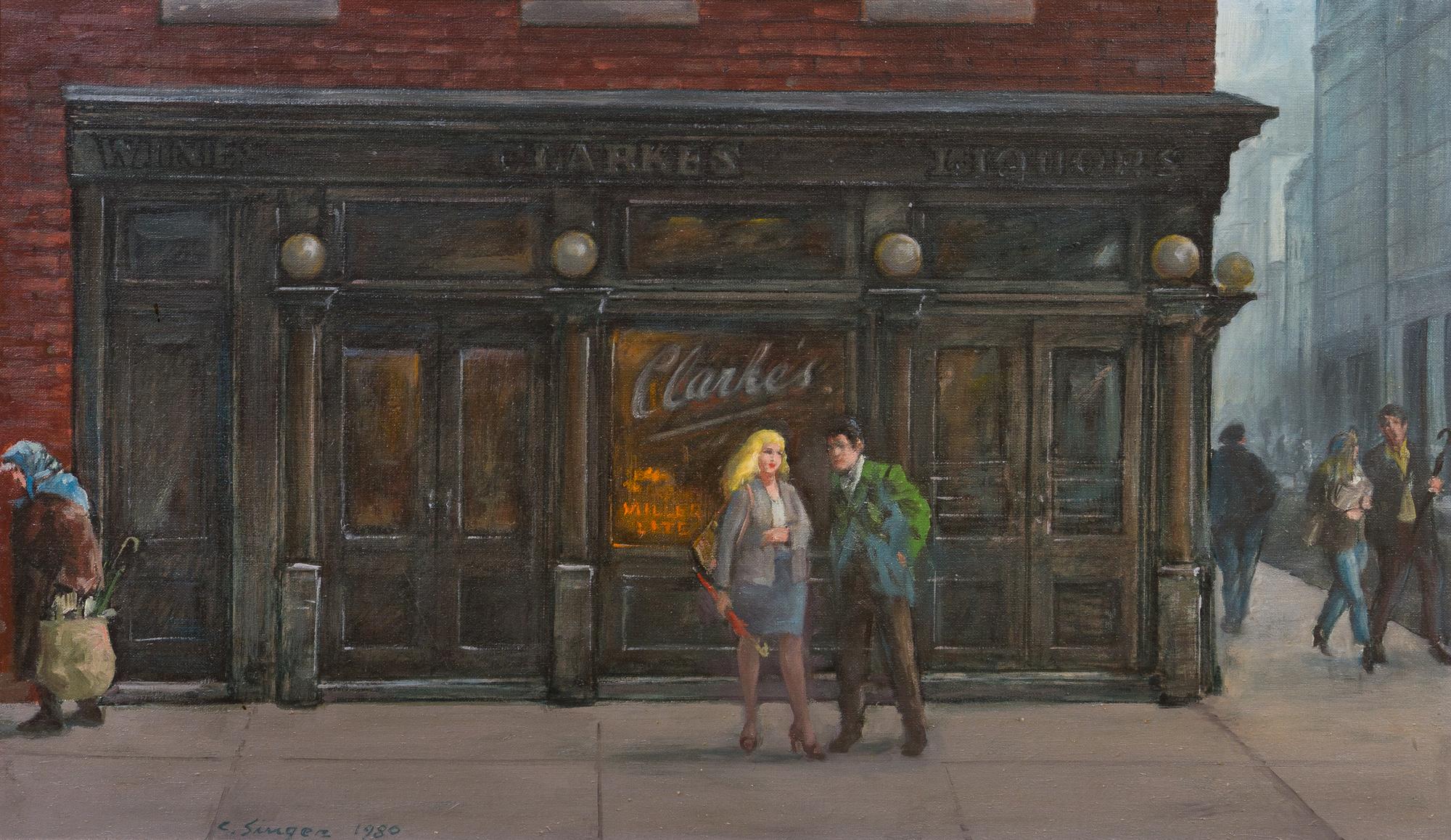Clyde Singer, (American, 1908-1998), On the Corner at Clarke's, 1980
