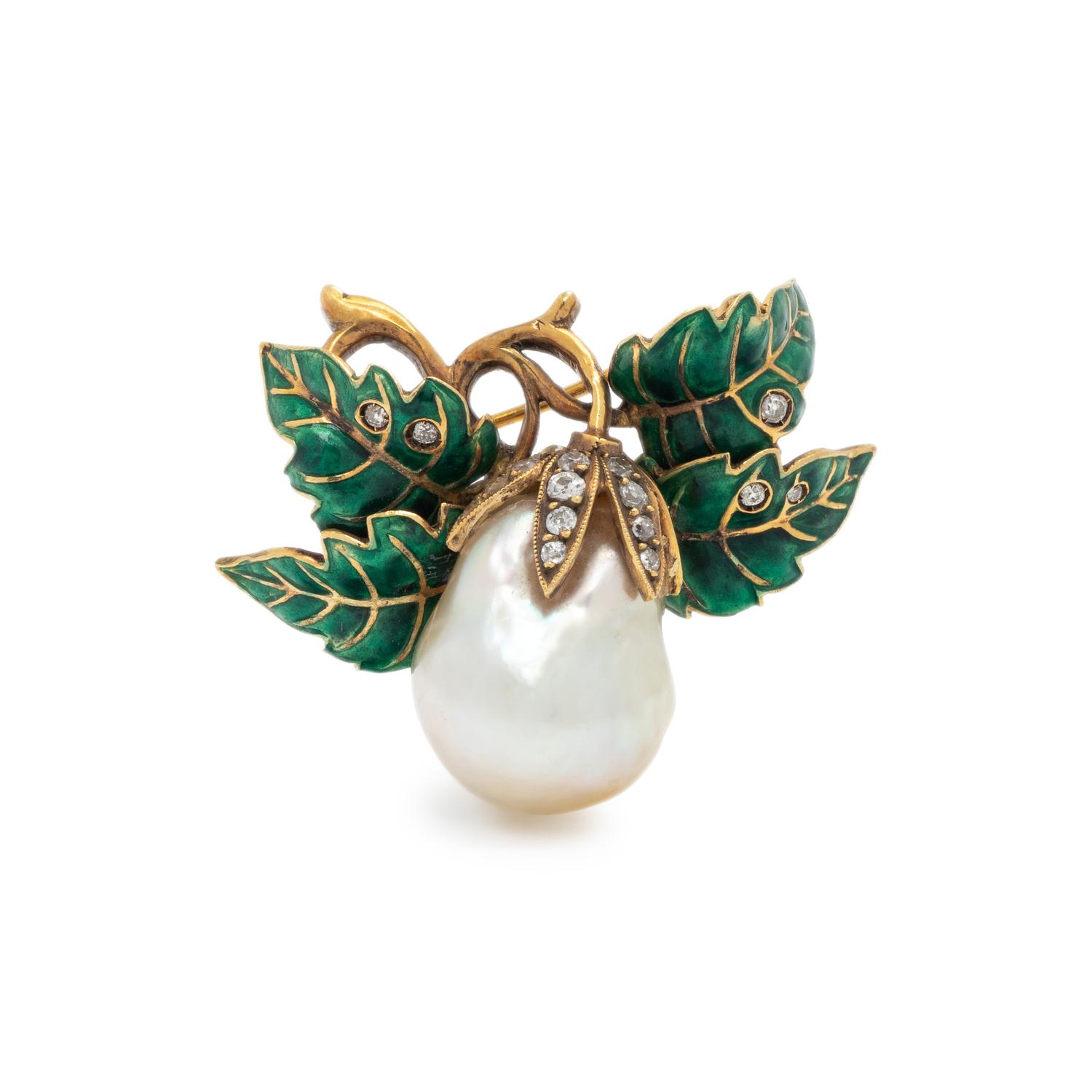 EVELYN CLOTHIER, CULTURED BAROQUE PEARL, DIAMOND AND ENAMEL BROOCH