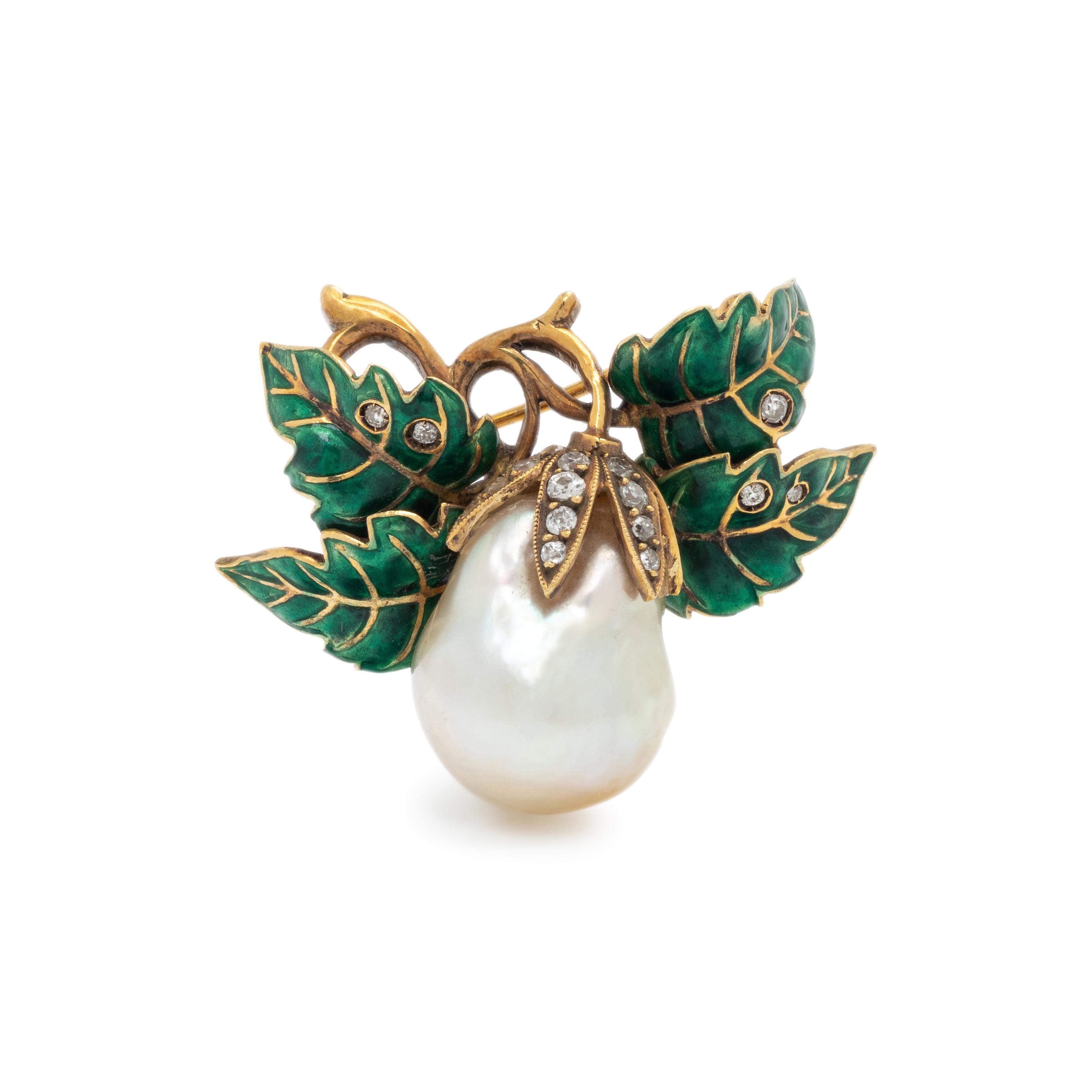 EVELYN CLOTHIER, CULTURED BAROQUE PEARL, DIAMOND AND ENAMEL BROOCH