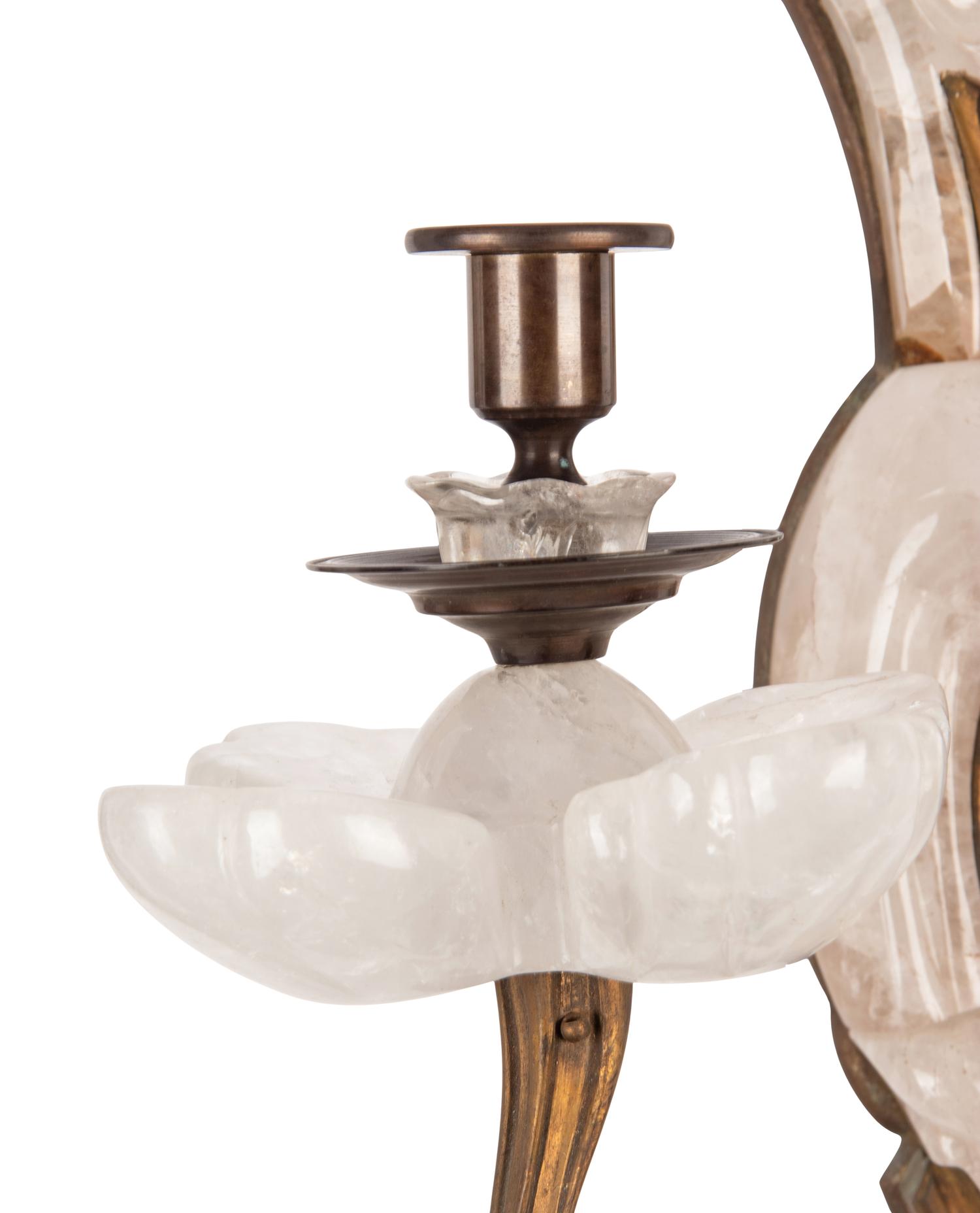 A Pair of French Rock Crystal and Gilt Bronze Two-Light Sconces