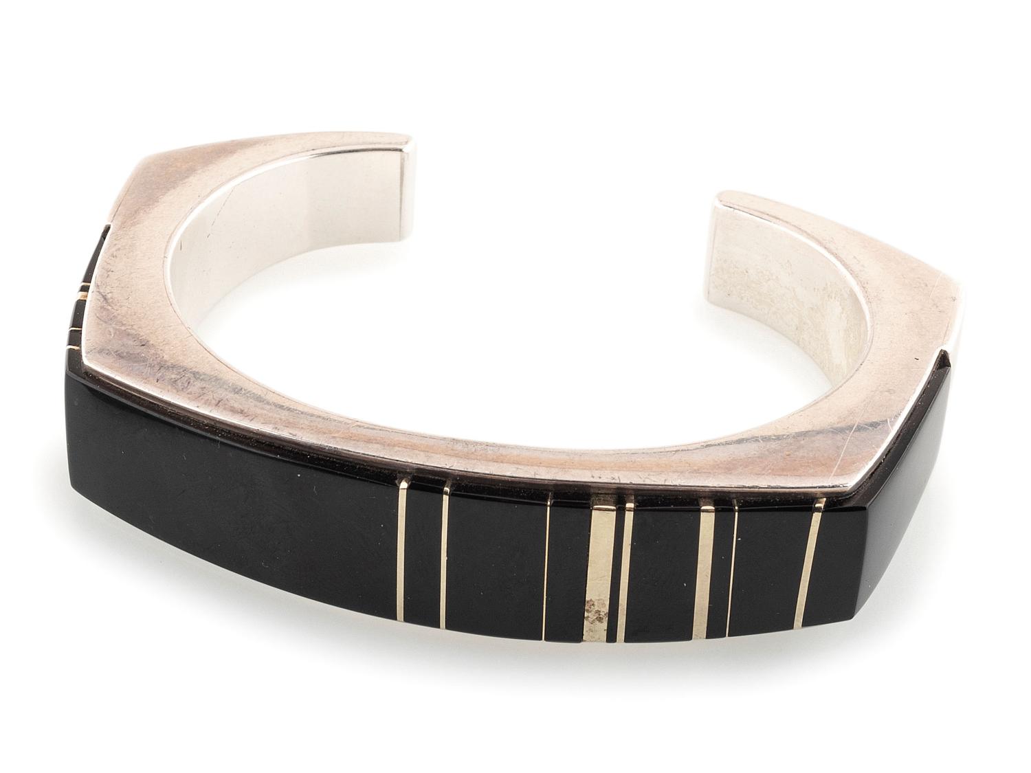 Agular Silver Cuff Bracelet, Set with Jet and Accented with 18K Gold Spacers