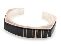 Agular Silver Cuff Bracelet, Set with Jet and Accented with 18K Gold Spacers