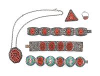Six Chinese Carved Red Lacquer Inset Metal Jewelry