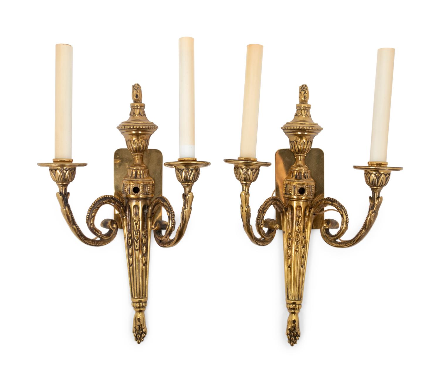 A Pair of Louis XVI Style Gilt Bronze Two-Light Wall Sconces