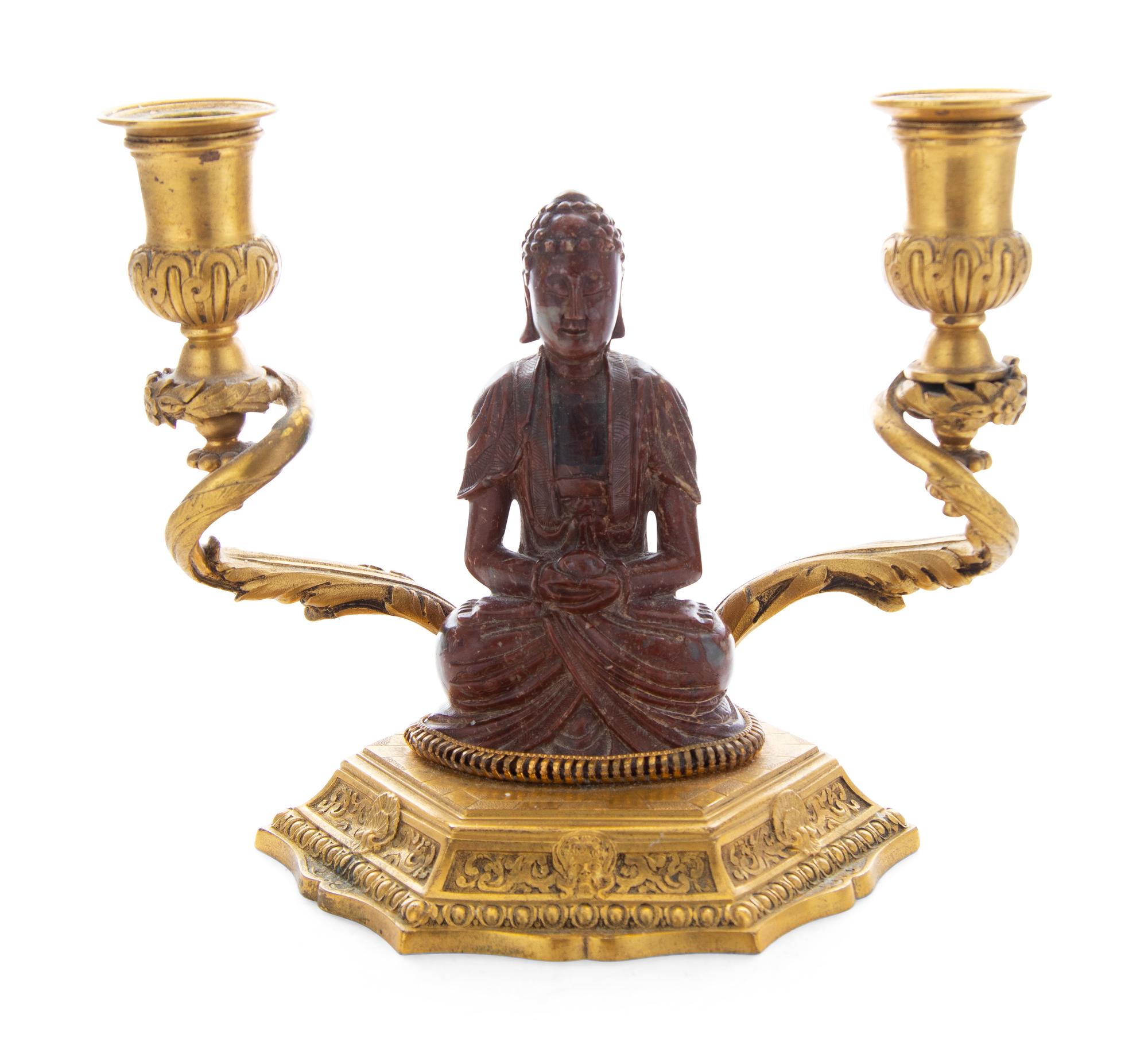 A Chinese Hardstone Mounted Gilt Bronze Two-Light Candelabrum