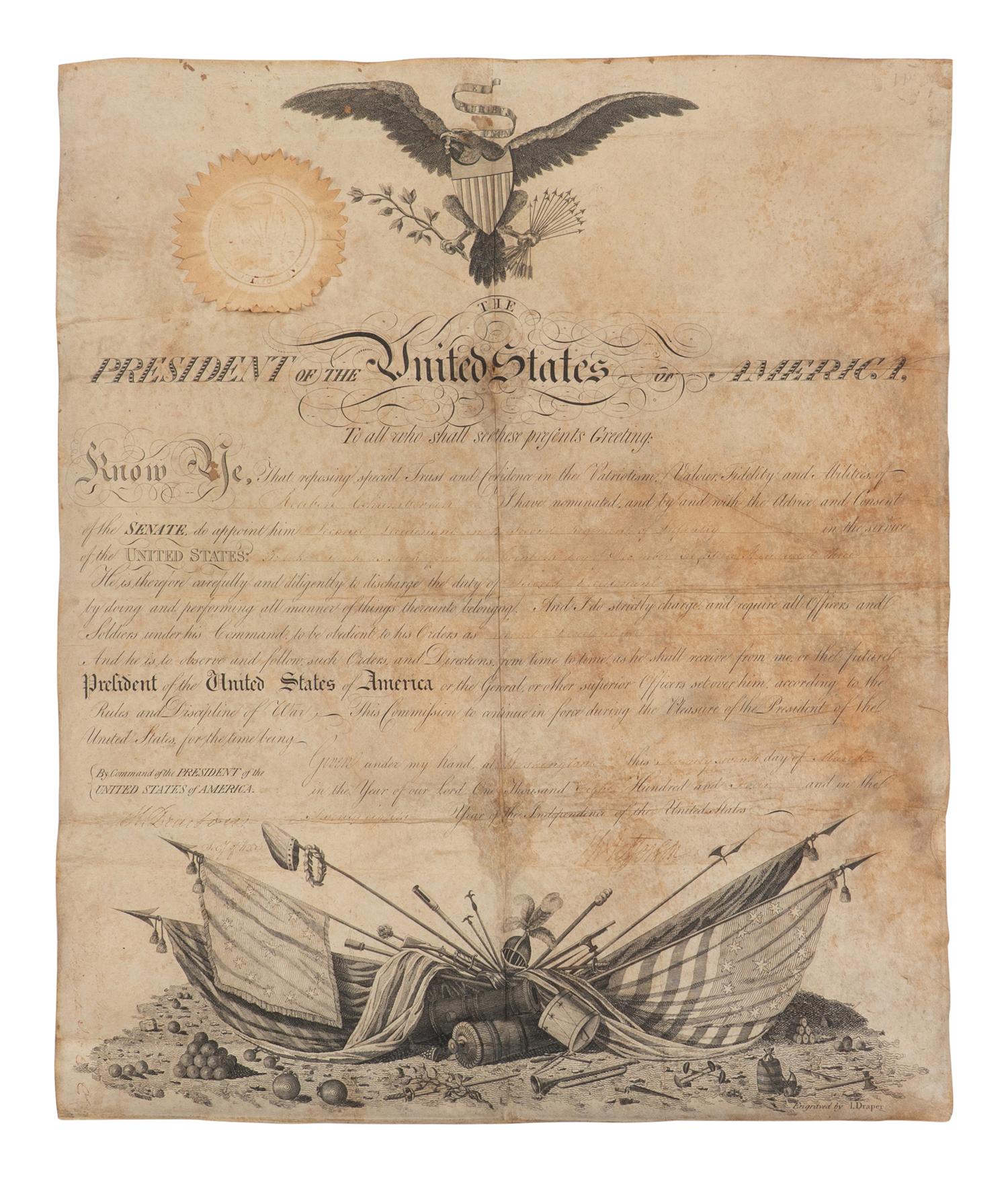 JEFFERSON, Thomas (1743-1826). Partly engraved document signed as President ("Tho. Jefferson") and countersigned by Henry Dearborn ("H. Dearborn"), Washington, D.C., 27 March 1804.