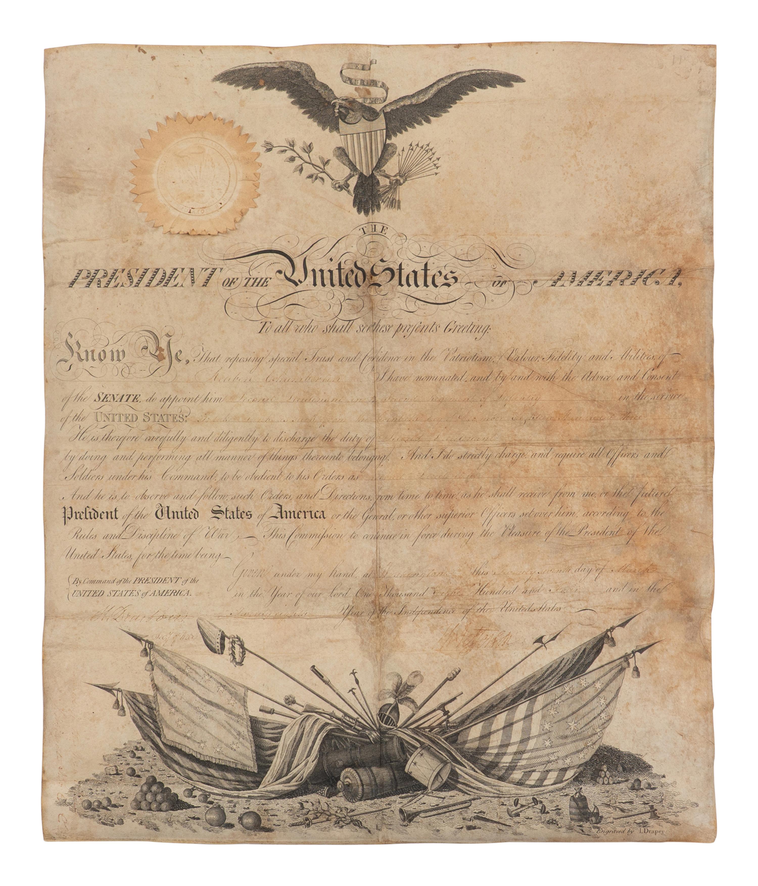 JEFFERSON, Thomas (1743-1826). Partly engraved document signed as President ("Tho. Jefferson") and countersigned by Henry Dearborn ("H. Dearborn"), Washington, D.C., 27 March 1804.