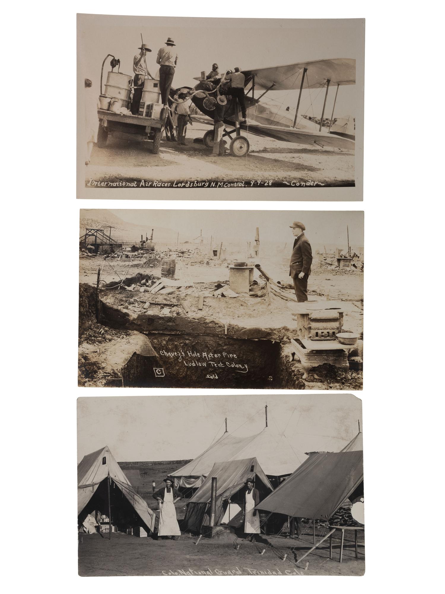 [COLORADO] -- [NEW MEXICO]. A group of 3 real photo postcards, incl. 2 images taken following the Ludlow Massacre in Trinidad, Colorado, 1914.