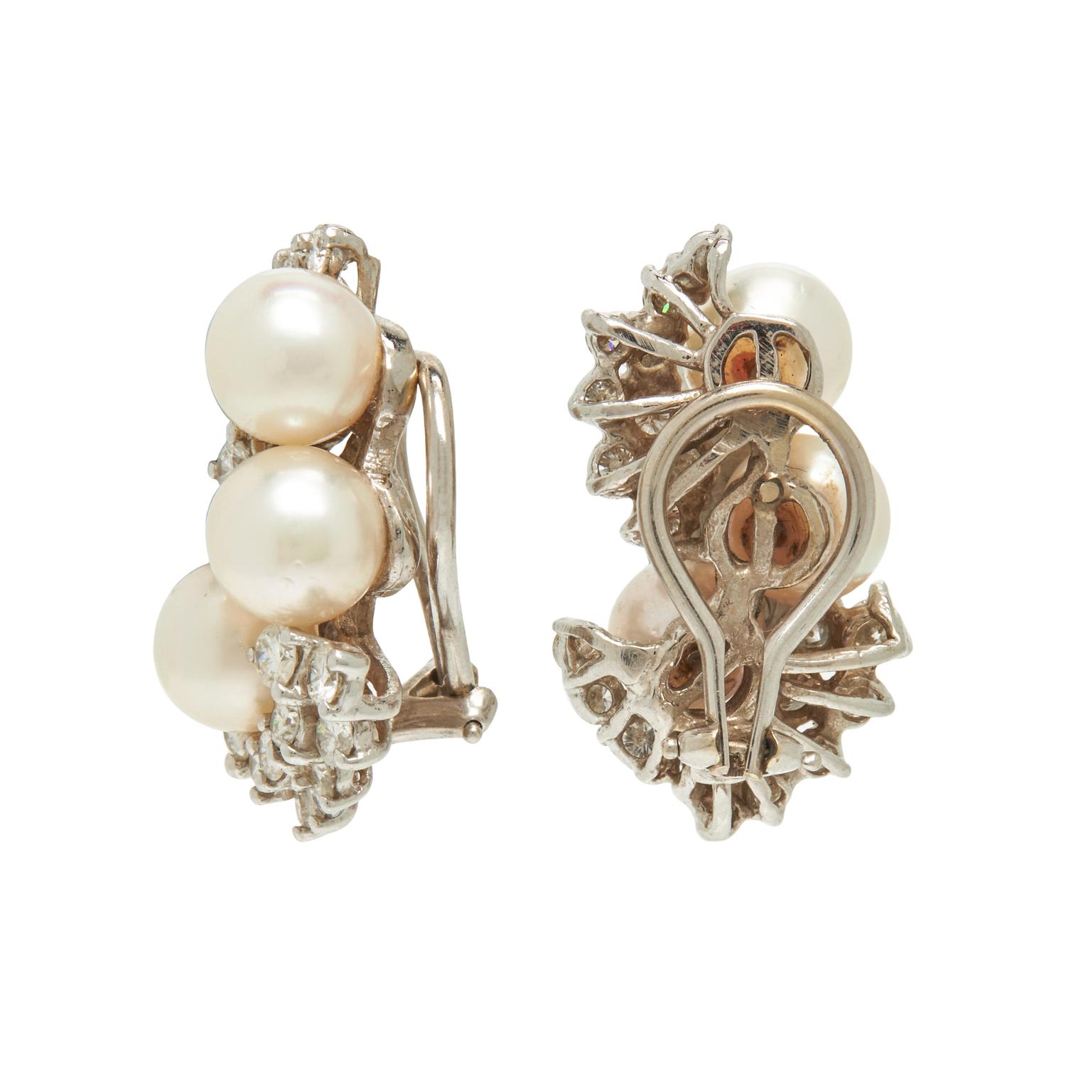 CULTURED PEARL AND DIAMOND CLIP EARRINGS
