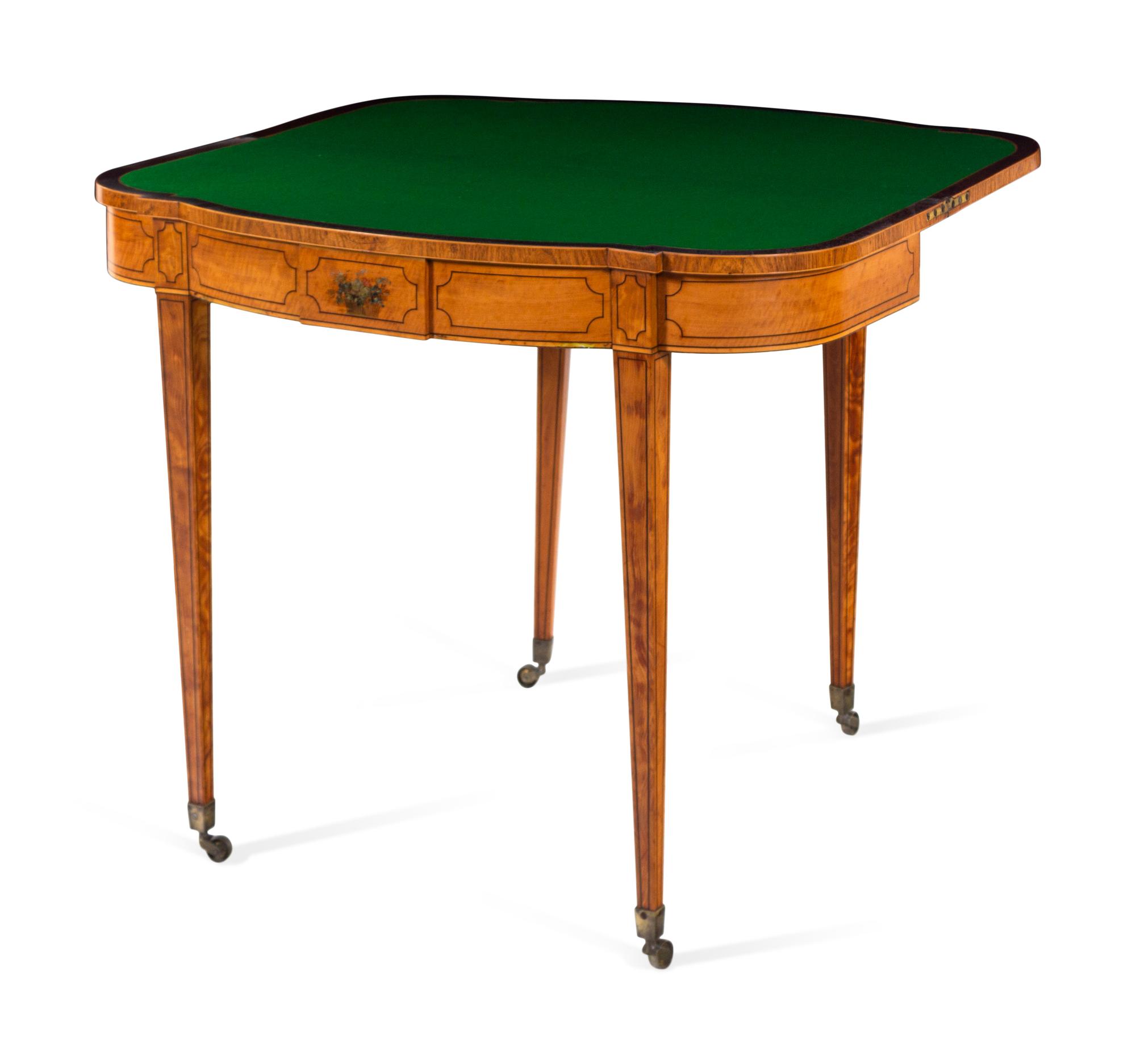 A Regency Painted and Inlaid Satinwood Flip-Top Game Table