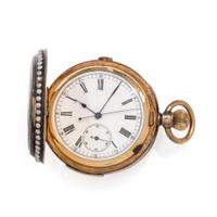 SILVER GILT, ENAMEL AND PEARL CHRONOGRAPH HUNTER CASE POCKET WATCH