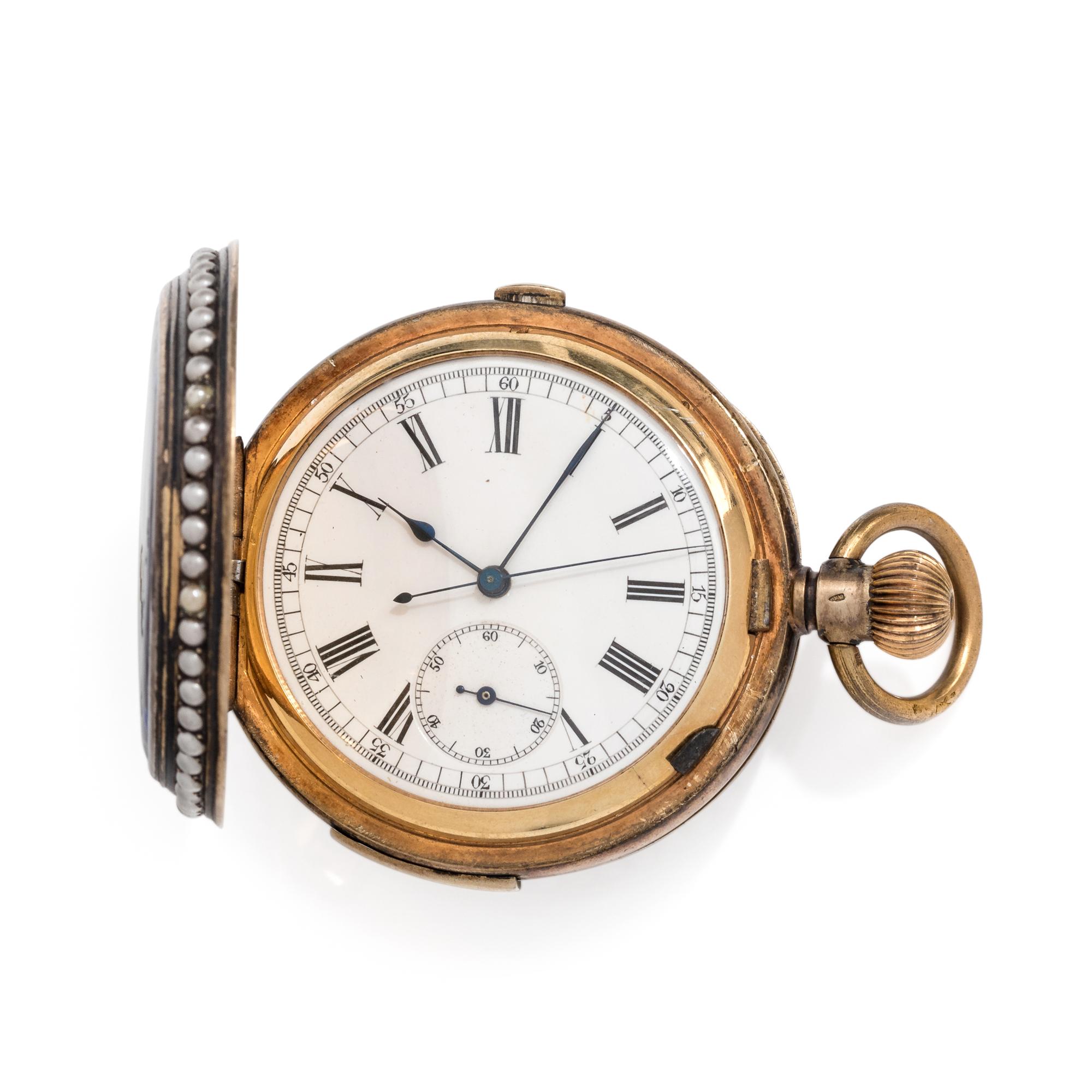 SILVER GILT, ENAMEL AND PEARL CHRONOGRAPH HUNTER CASE POCKET WATCH